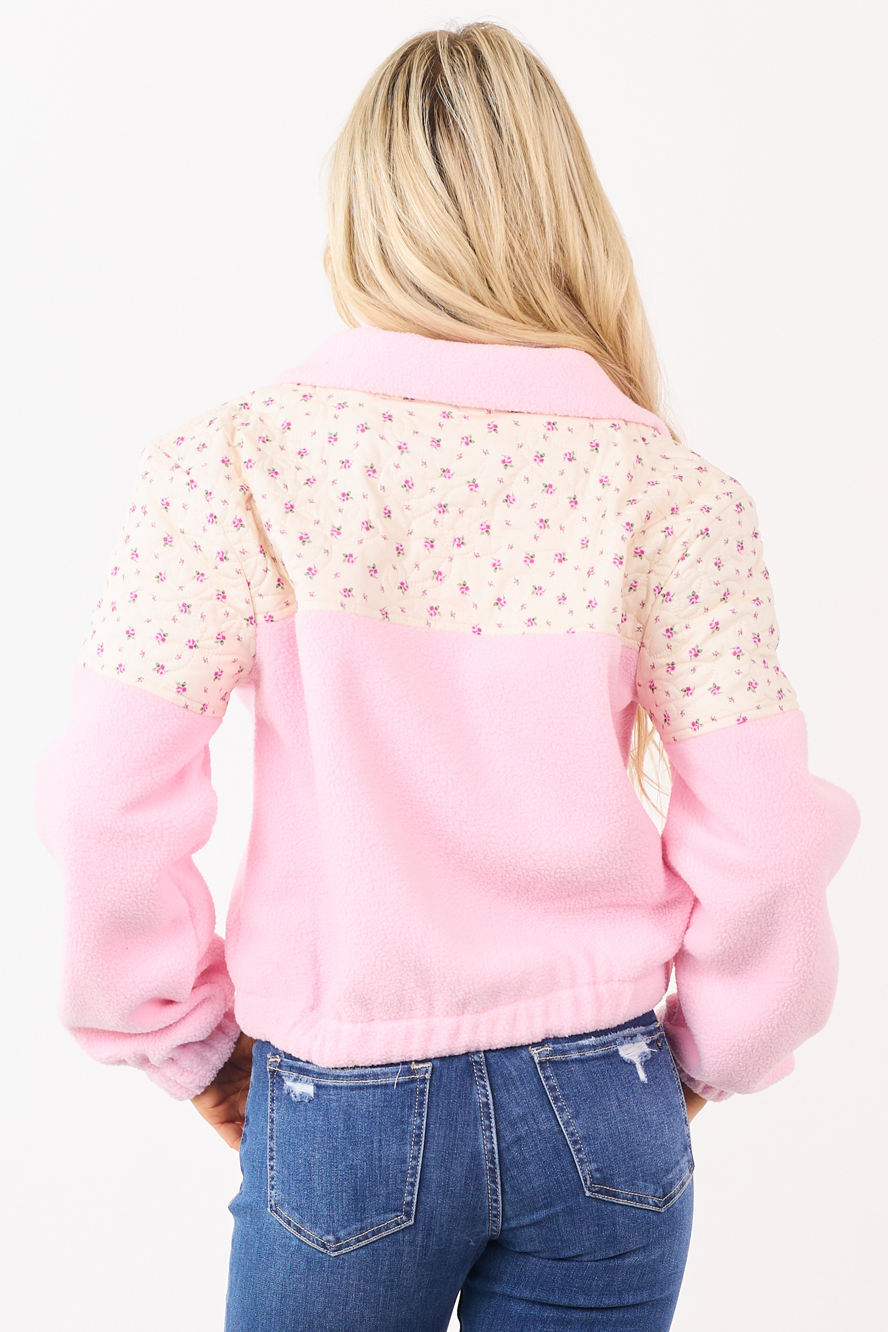Baby Pink Fleece Floral Quilted Yoke Zip Up Jacket
