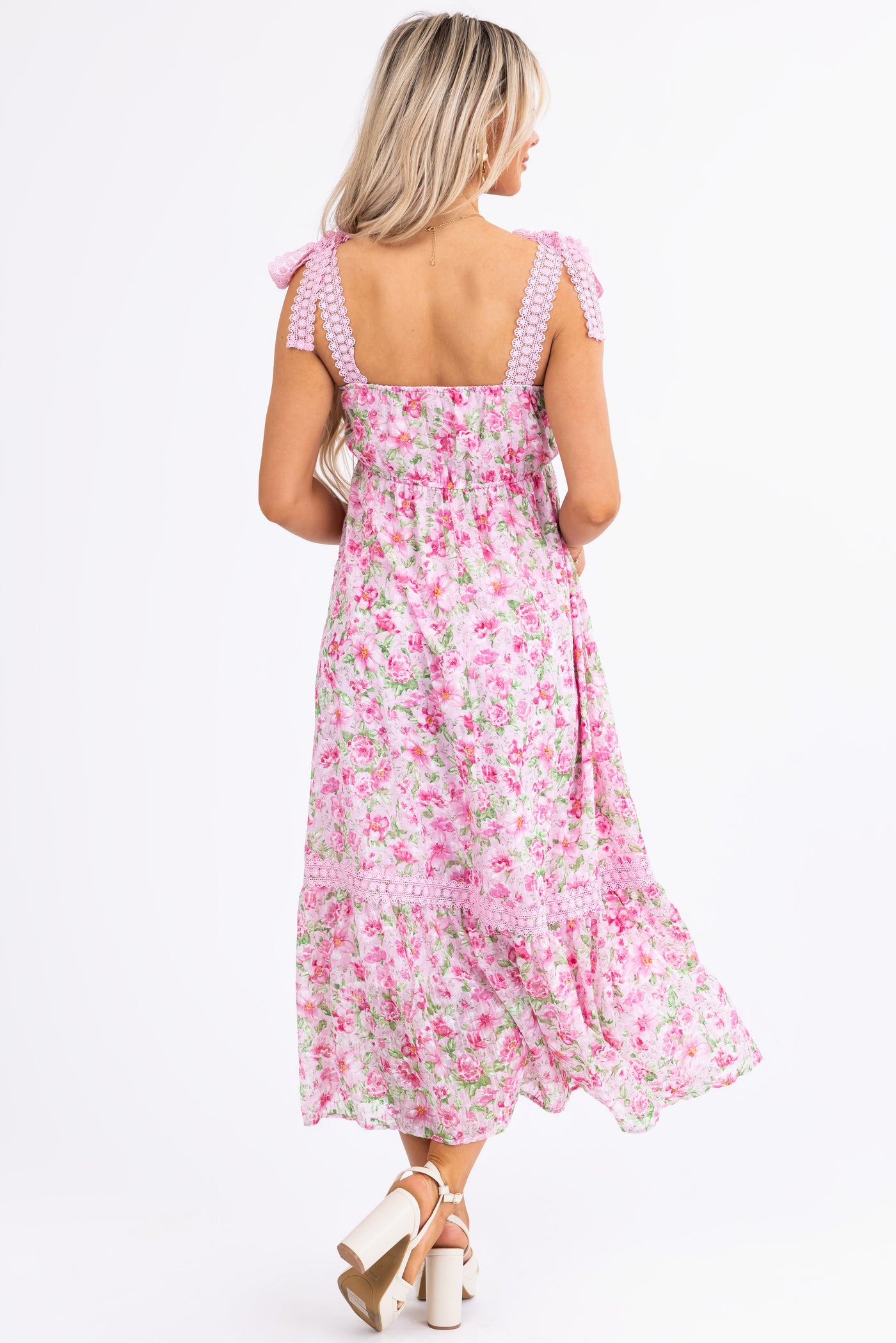 Baby Pink Floral Print Tie Strap Midi Dress