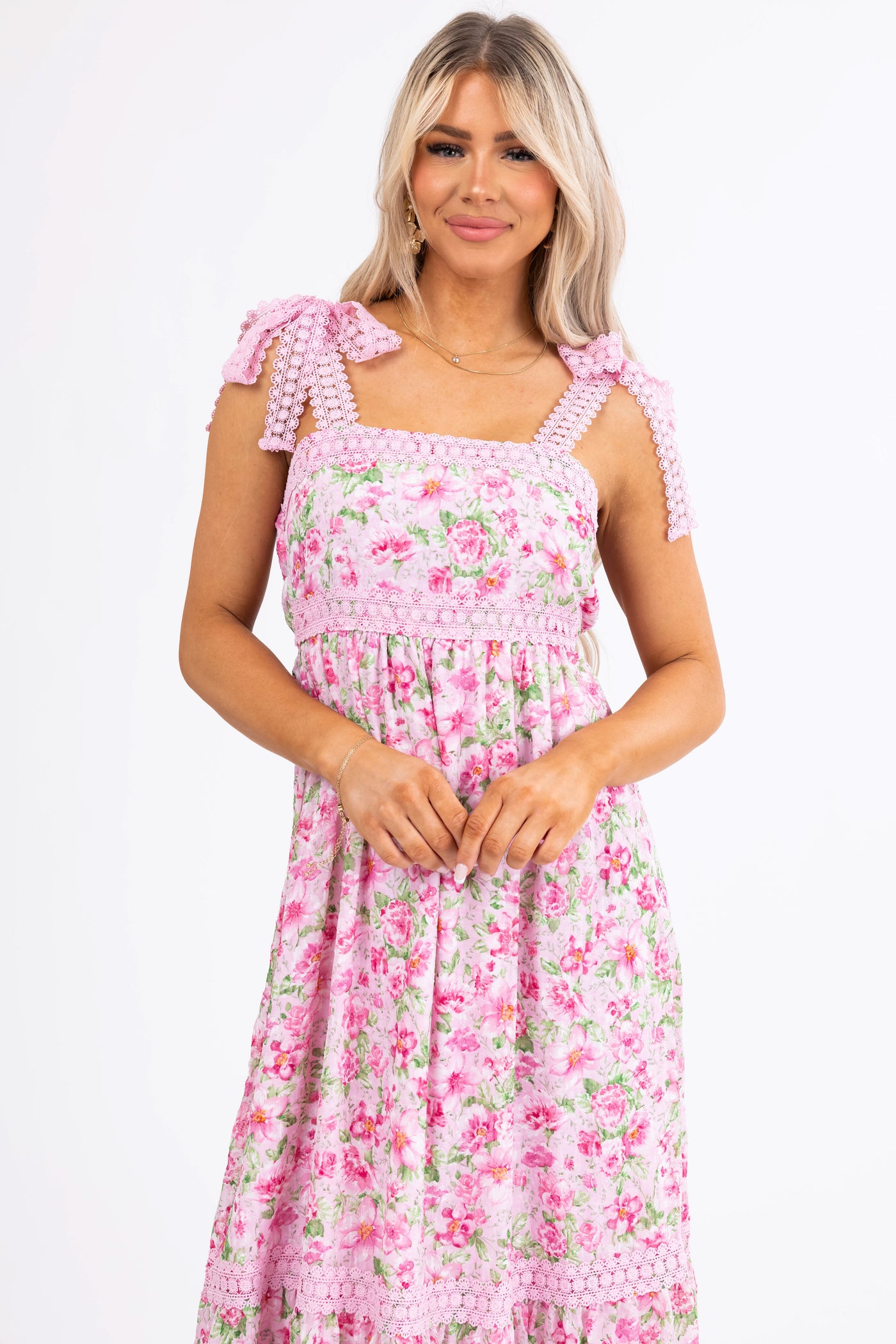 Baby Pink Floral Print Tie Strap Midi Dress
