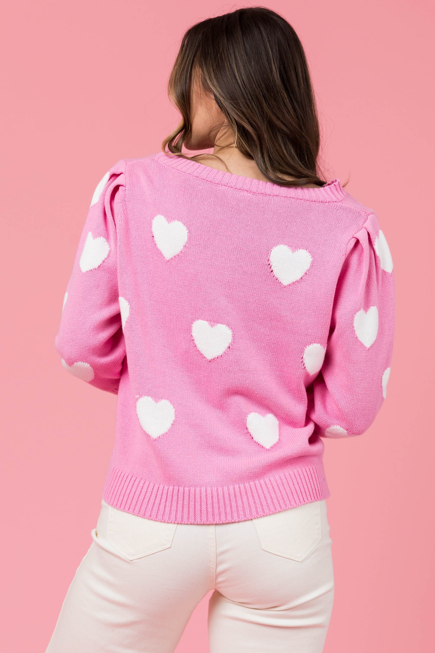 Baby Pink Heart Pattern Long Sleeve Sweater