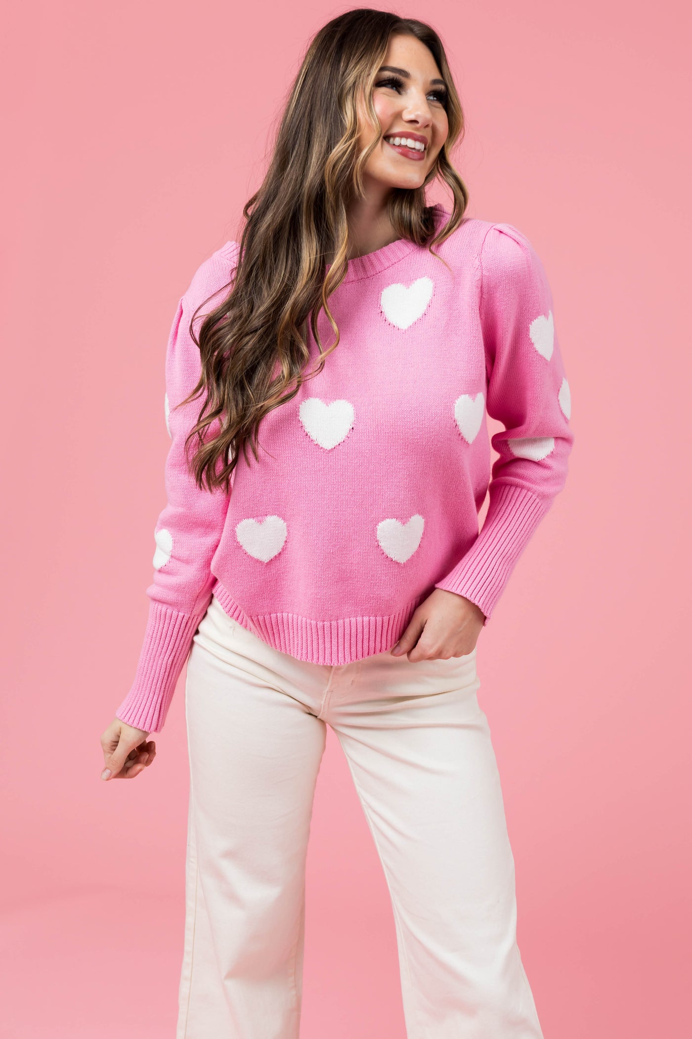 Baby Pink Heart Pattern Long Sleeve Sweater