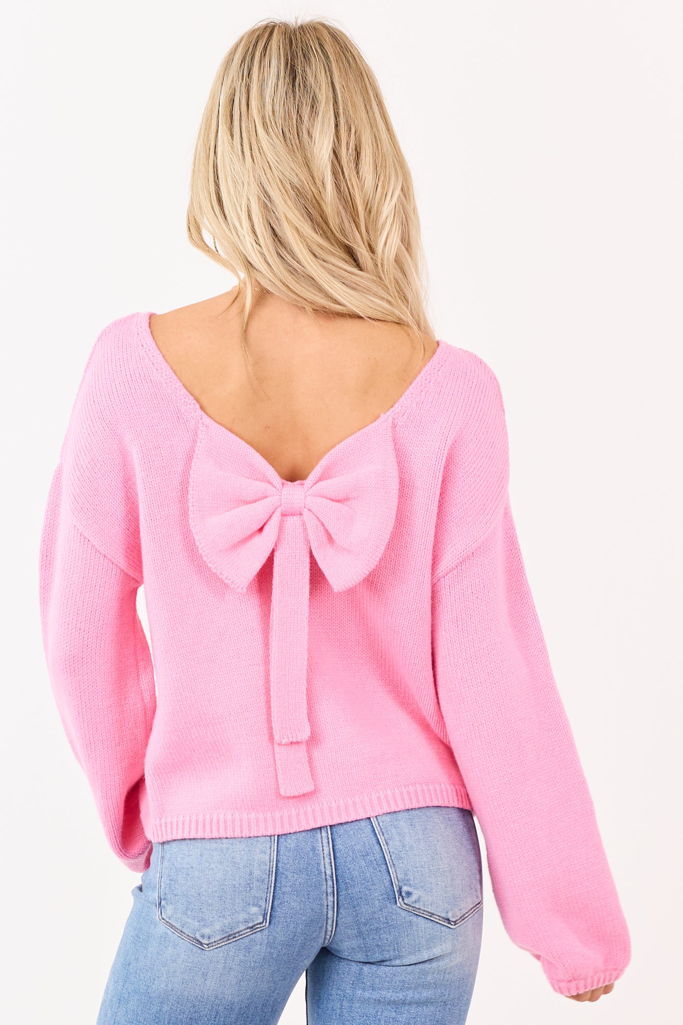 Baby Pink Low Bow Back Bubble Sleeve Knit Sweater