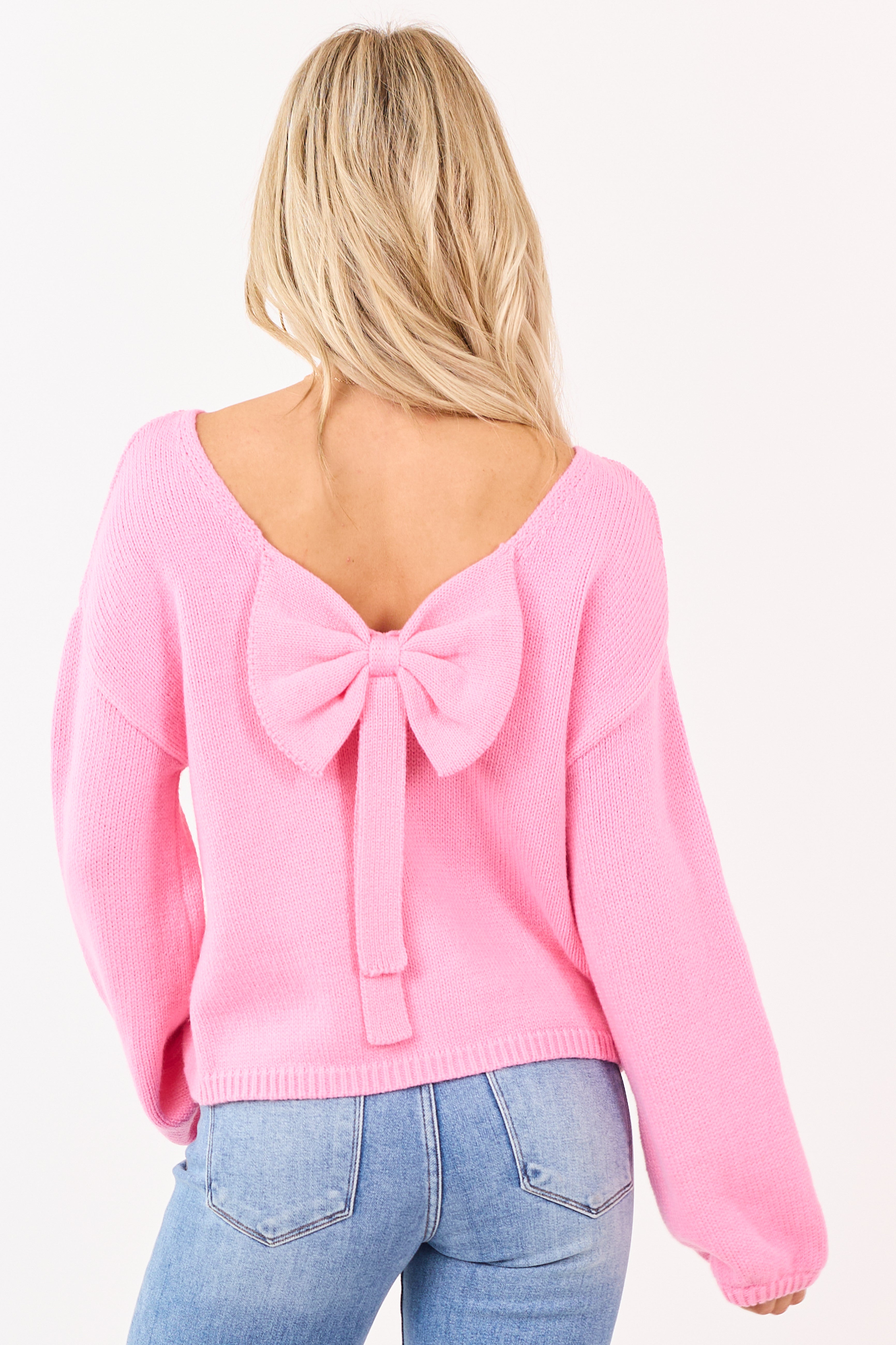 Baby Pink Low Bow Back Bubble Sleeve Knit Sweater