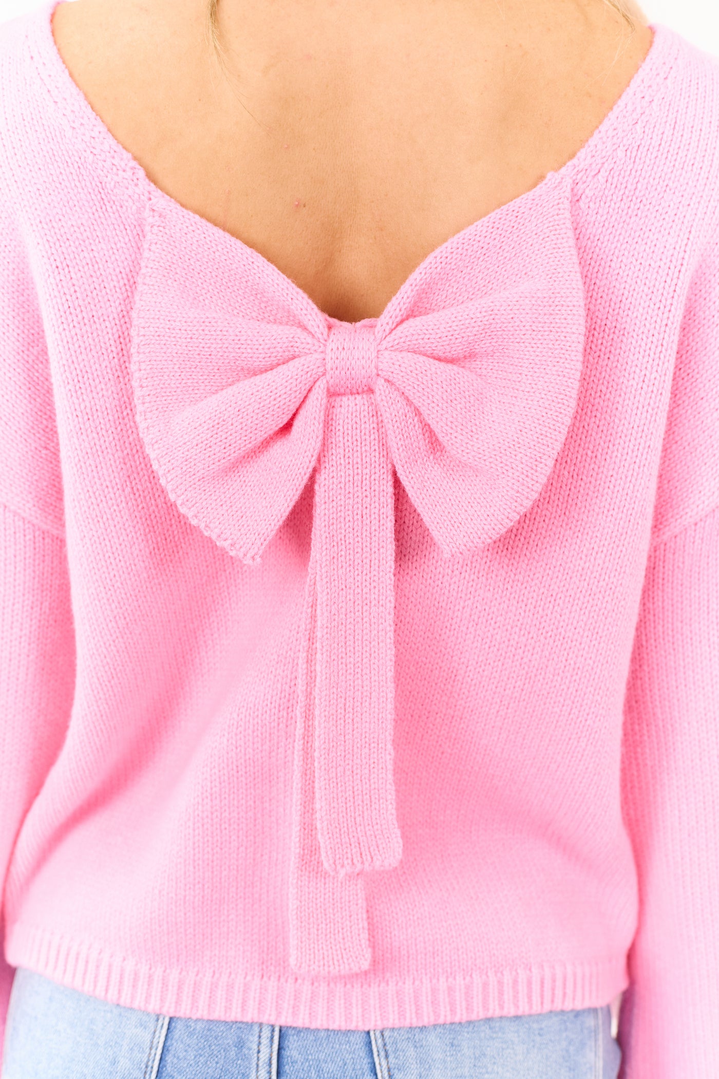Baby Pink Low Bow Back Bubble Sleeve Knit Sweater