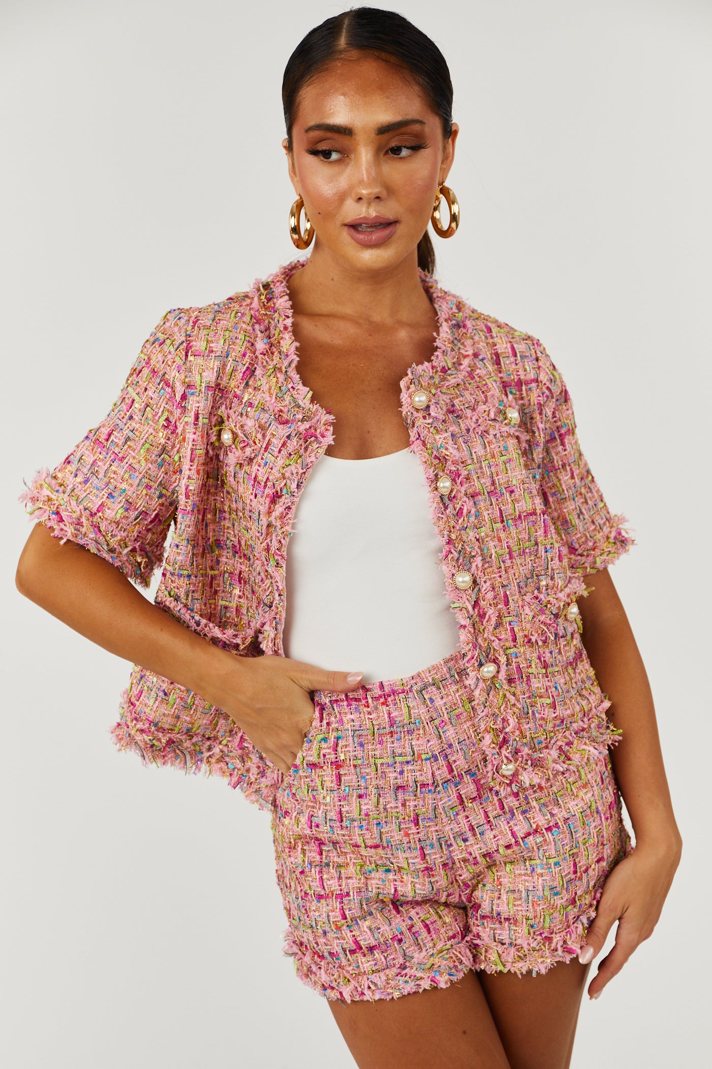 Baby Pink Pearl Button Up Cropped Tweed Jacket