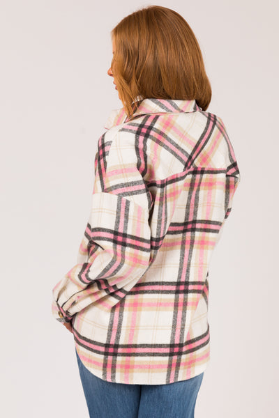 Baby Pink Plaid Button Up Collared Shacket