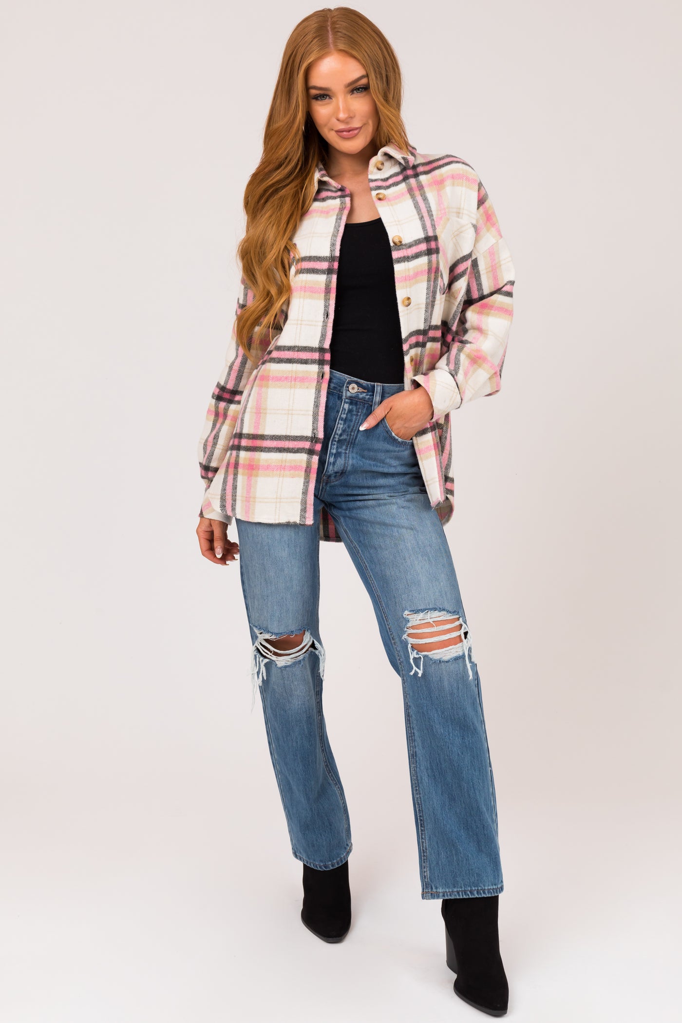 Baby Pink Plaid Button Up Collared Shacket