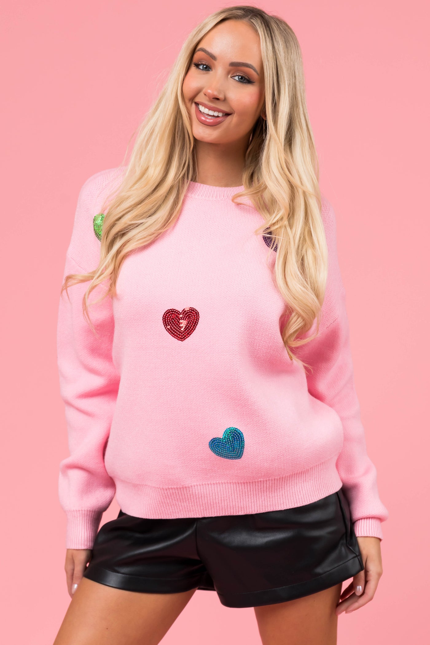 Baby Pink Sequined Hearts Long Sleeve Sweater