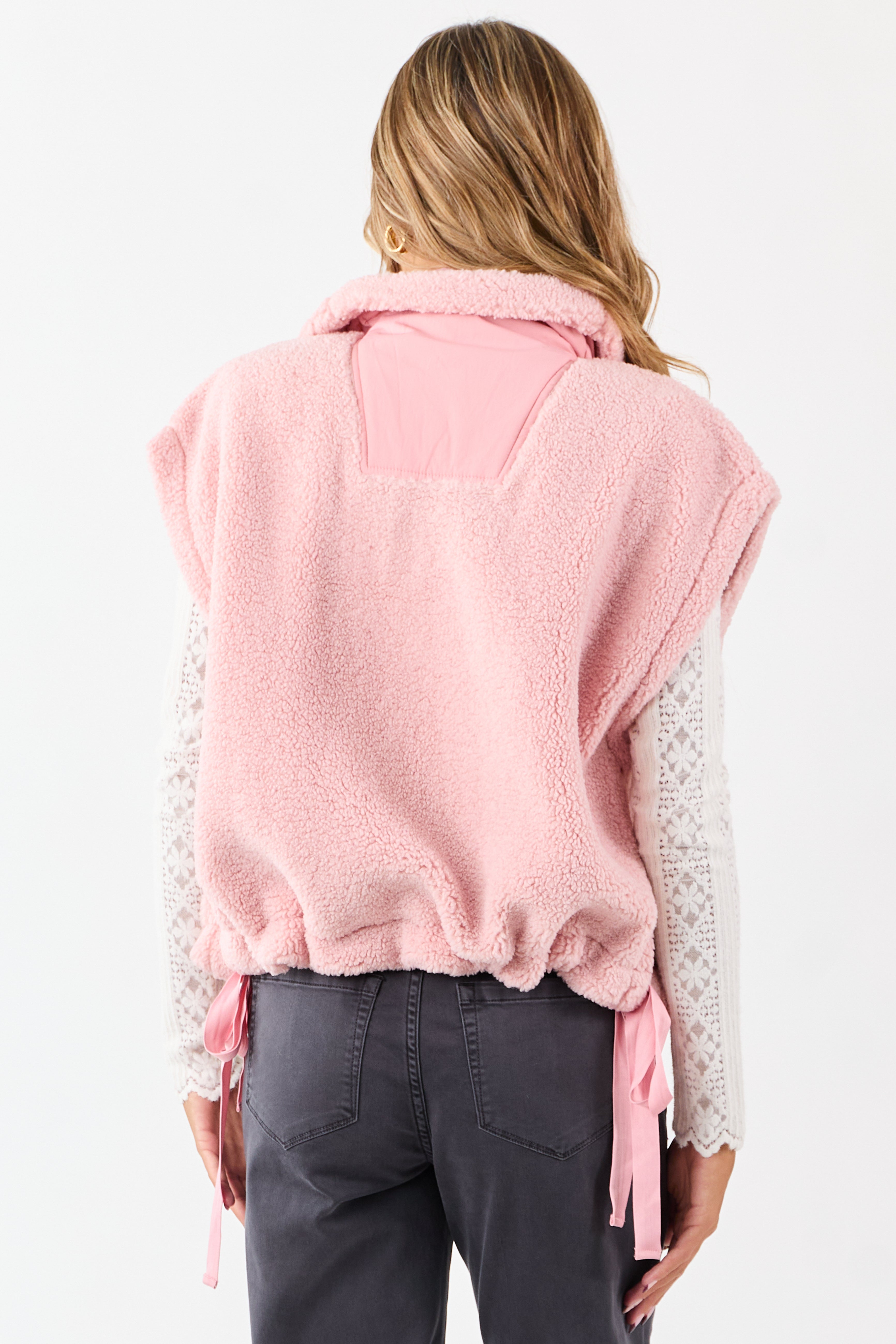 Baby Pink Sherpa Button Down Side Tie Vest | Lime Lush Boutique