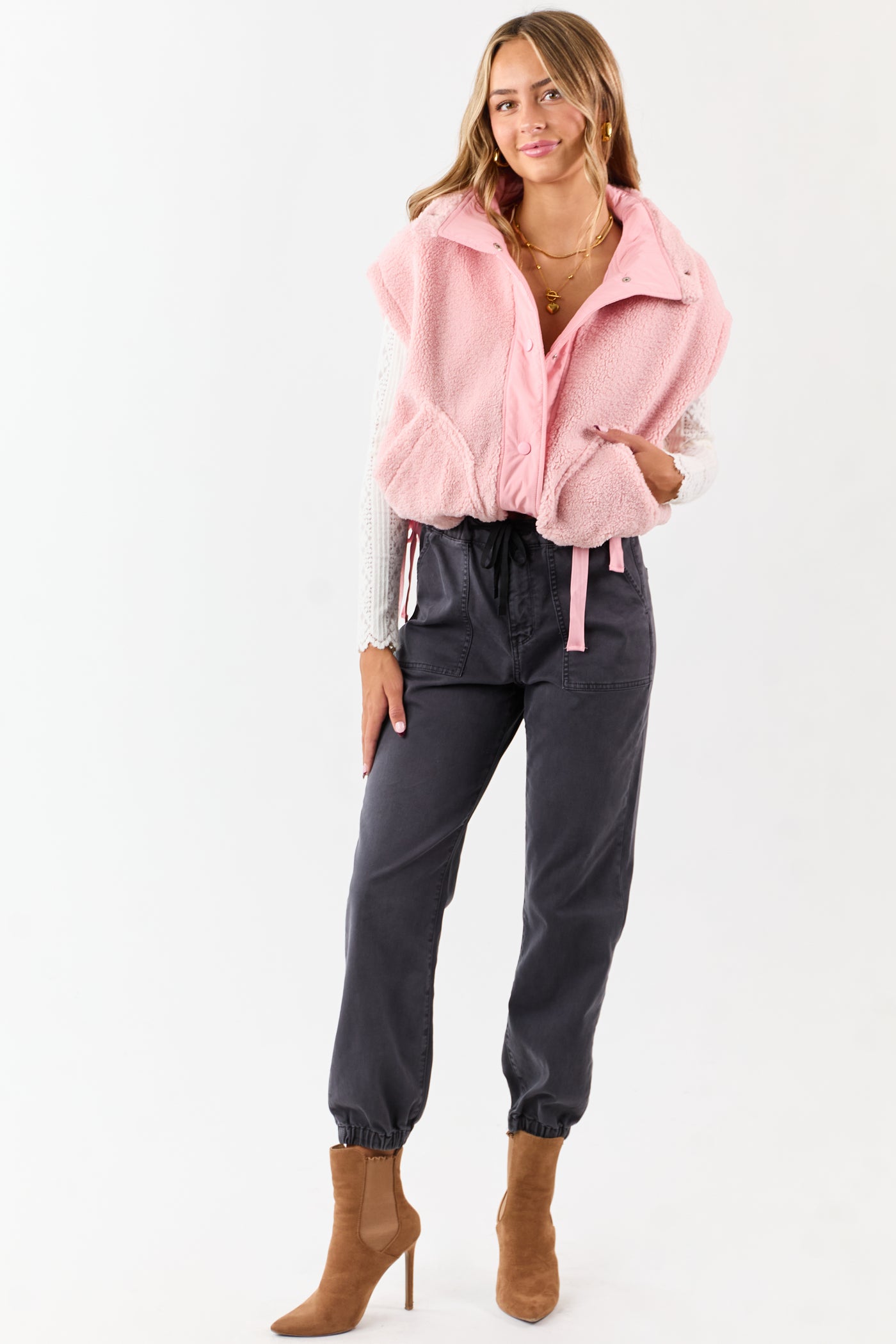 Baby Pink Sherpa Button Down Side Tie Vest