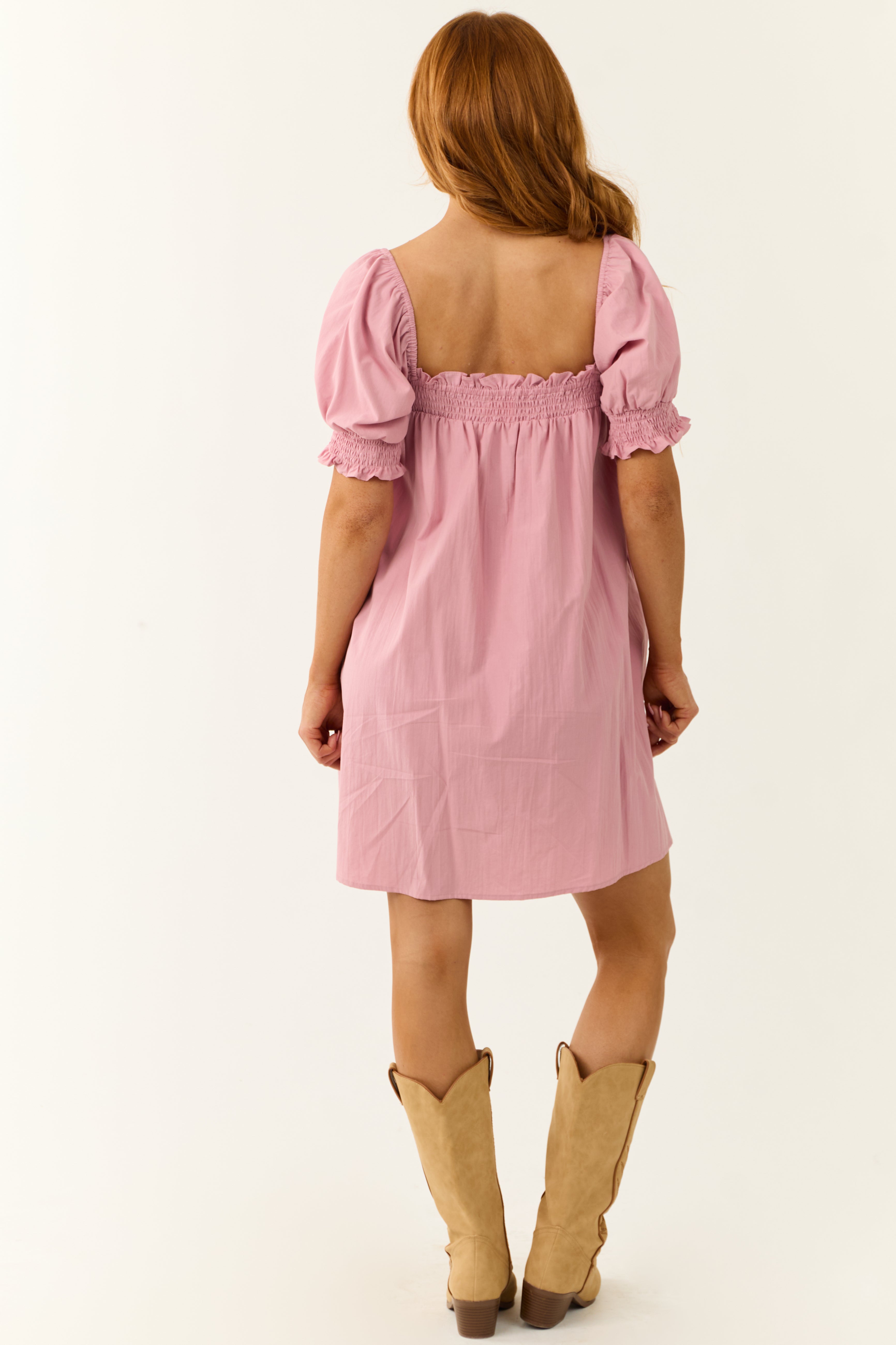 Baby Pink Short Puff Sleeve Smocked Mini Dress | Lime Lush