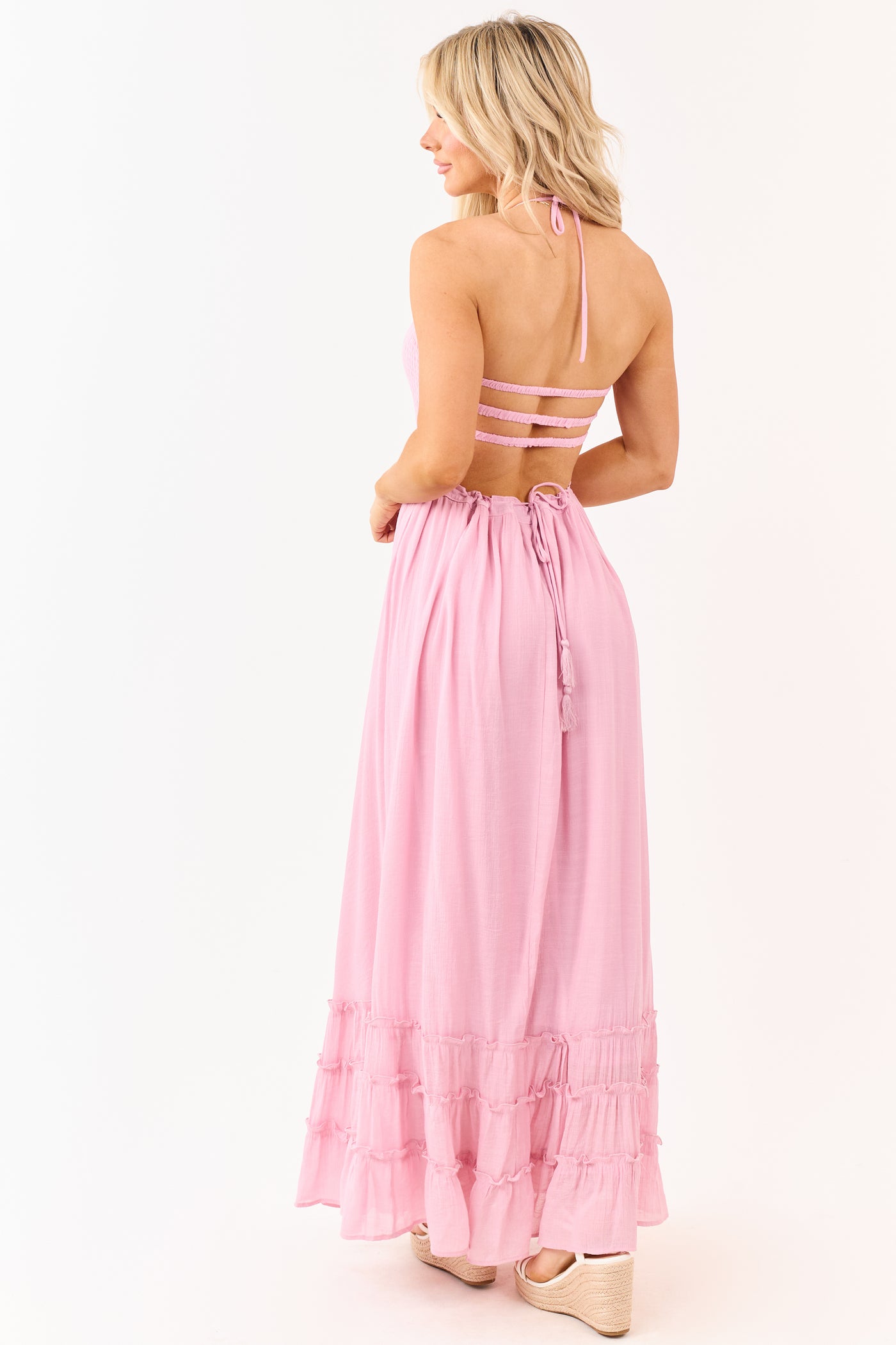 Baby Pink Smocked Open Back Halter Maxi Dress | Lime Lush Boutique Baby Pink Smocked Open Back Halter Maxi Dress | Lime Lush Boutique