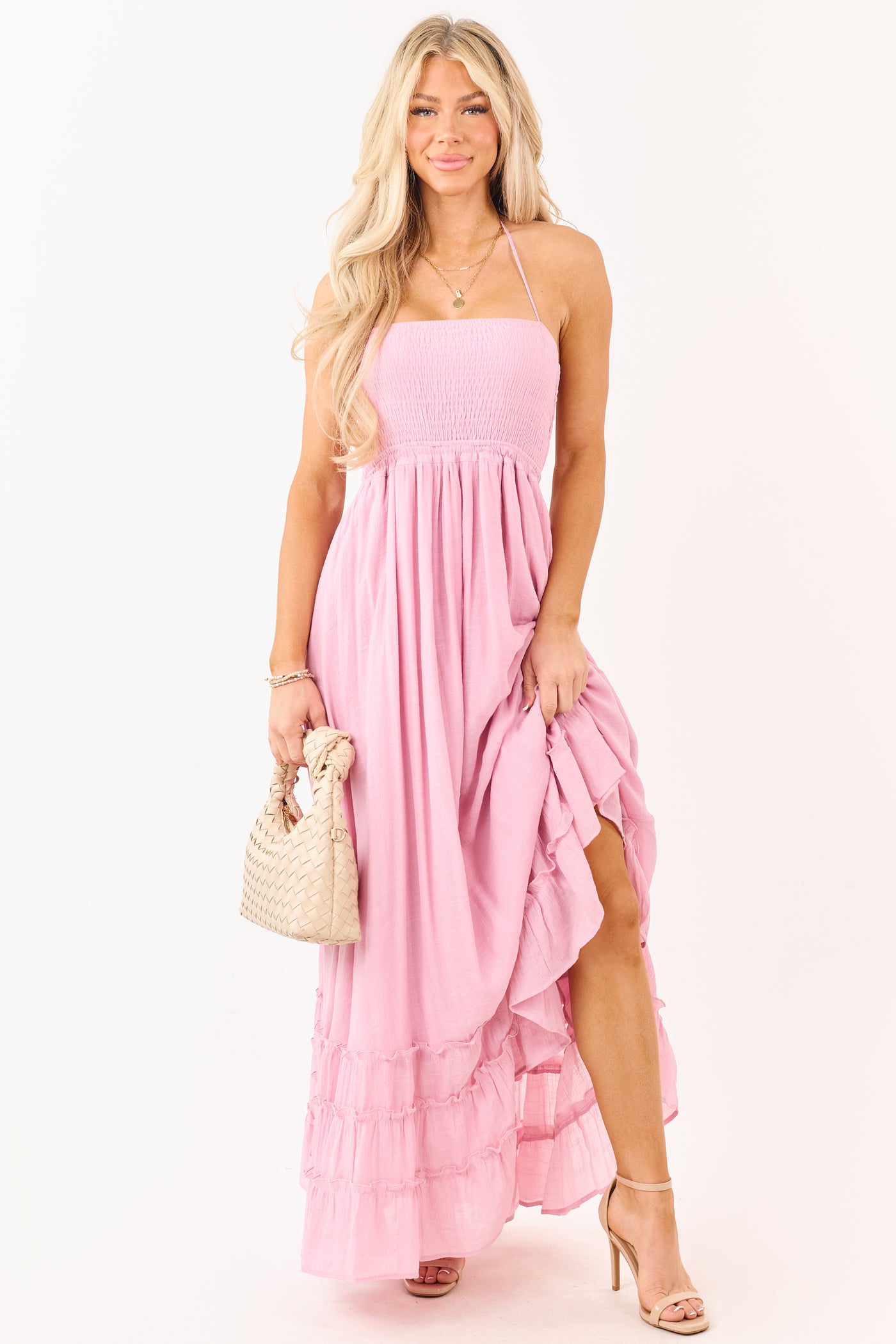 Baby Pink Smocked Open Back Halter Maxi Dress | Lime Lush Boutique Baby Pink Smocked Open Back Halter Maxi Dress | Lime Lush Boutique