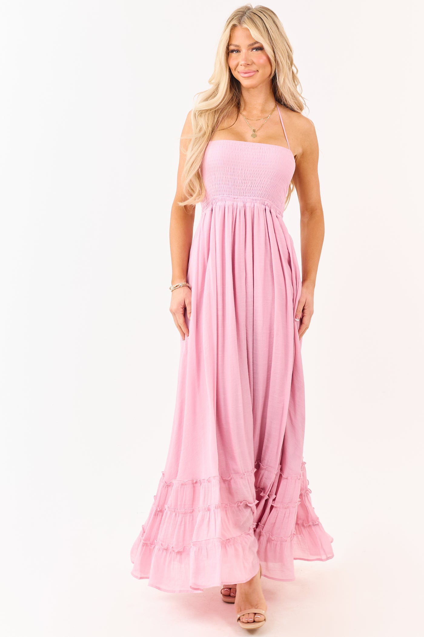 Baby Pink Smocked Open Back Halter Maxi Dress | Lime Lush Boutique Baby Pink Smocked Open Back Halter Maxi Dress | Lime Lush Boutique
