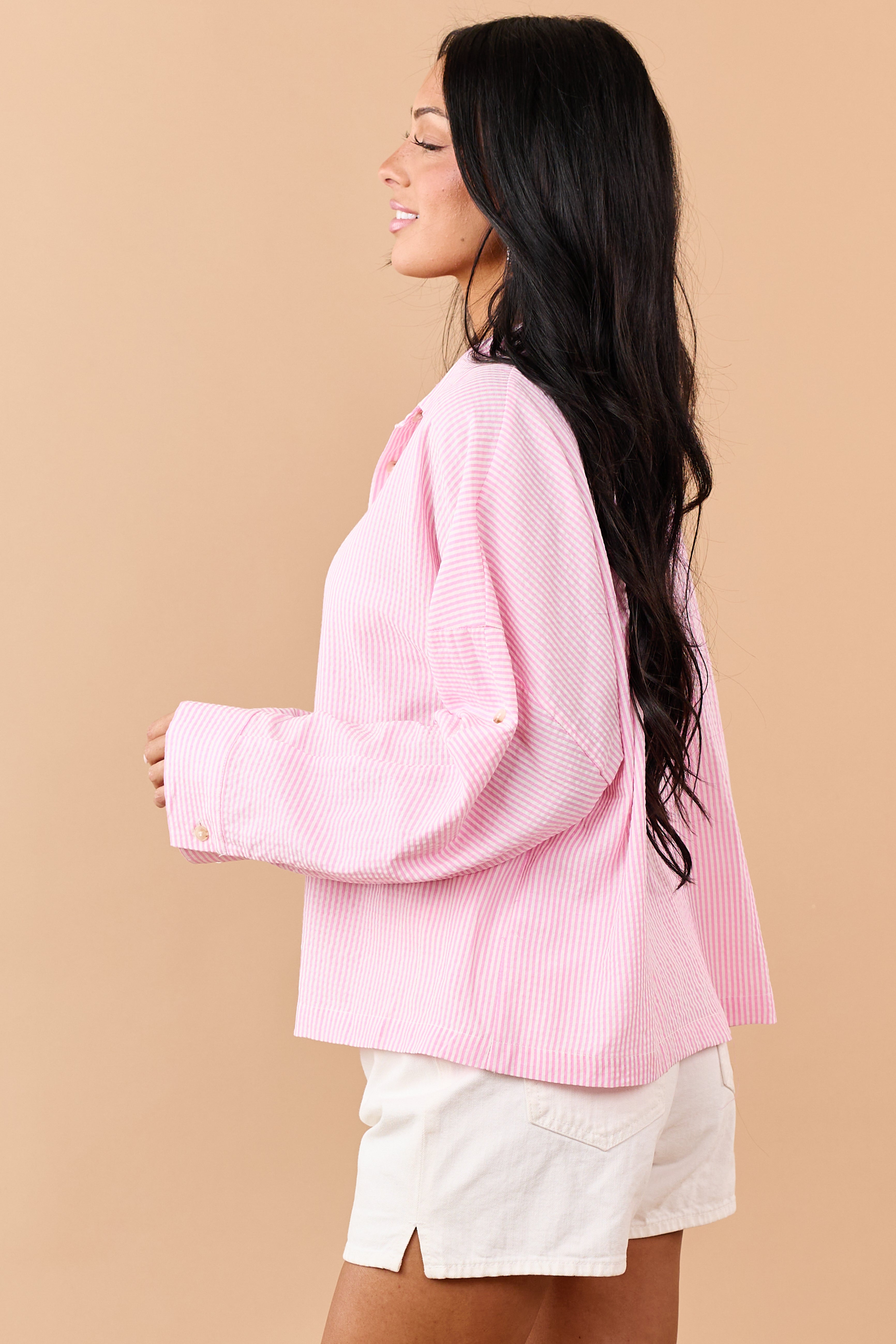 Baby Pink Striped Button Down Long Sleeve Top