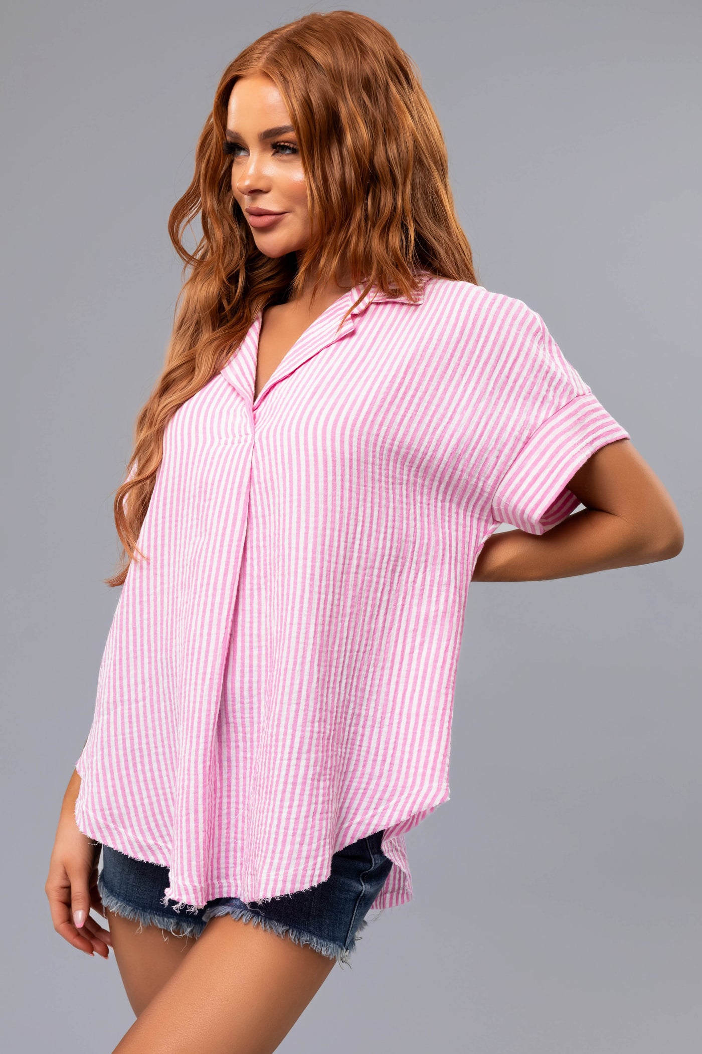 Baby Pink Striped Collared Short Sleeve Top