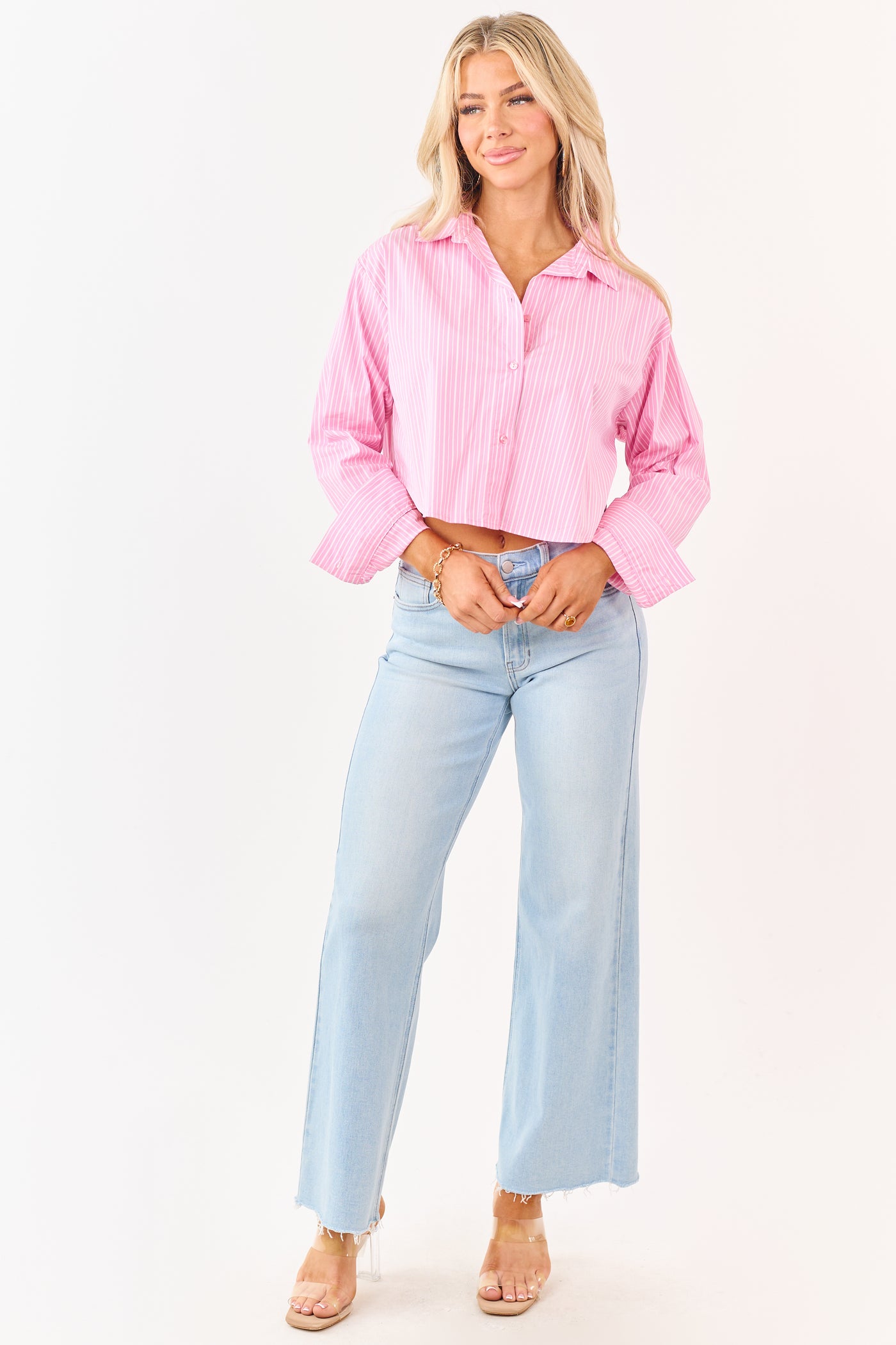 Baby Pink Striped Long Sleeve Button Up Top
