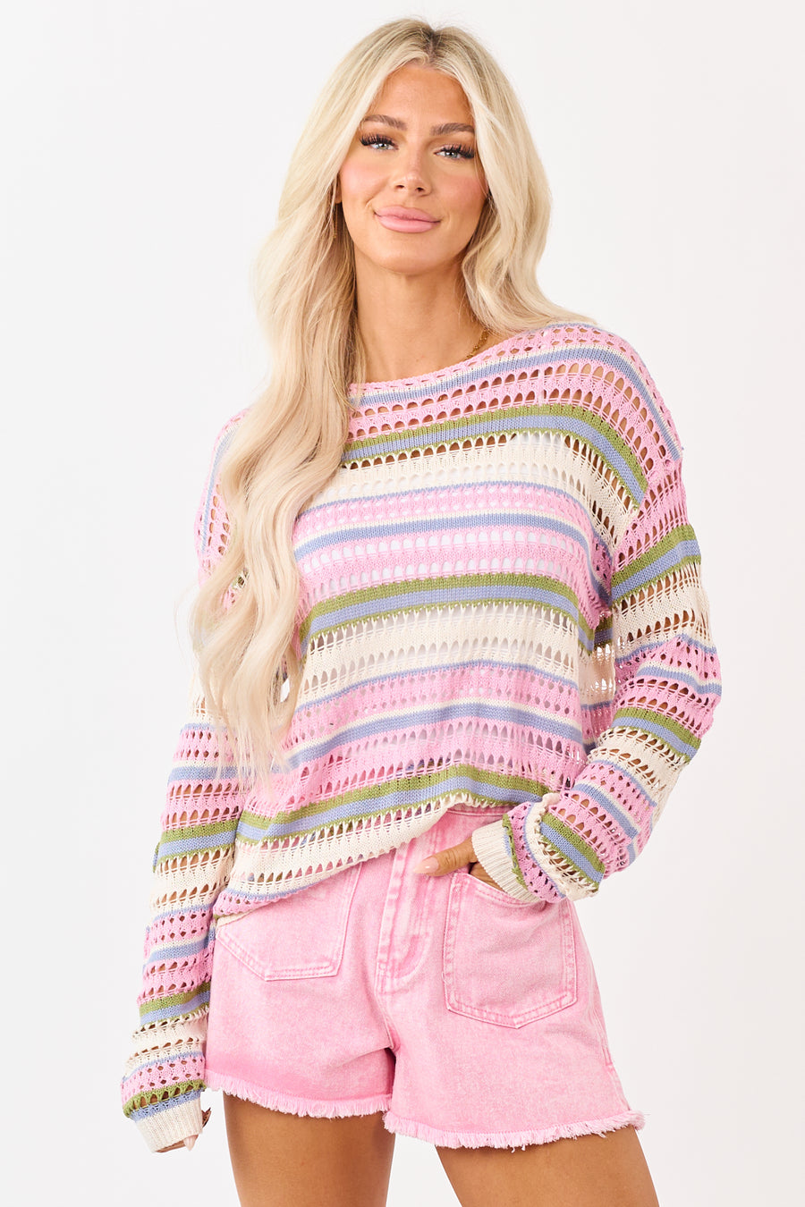 Baby Pink Striped Open Knit Long Sleeve Sweater