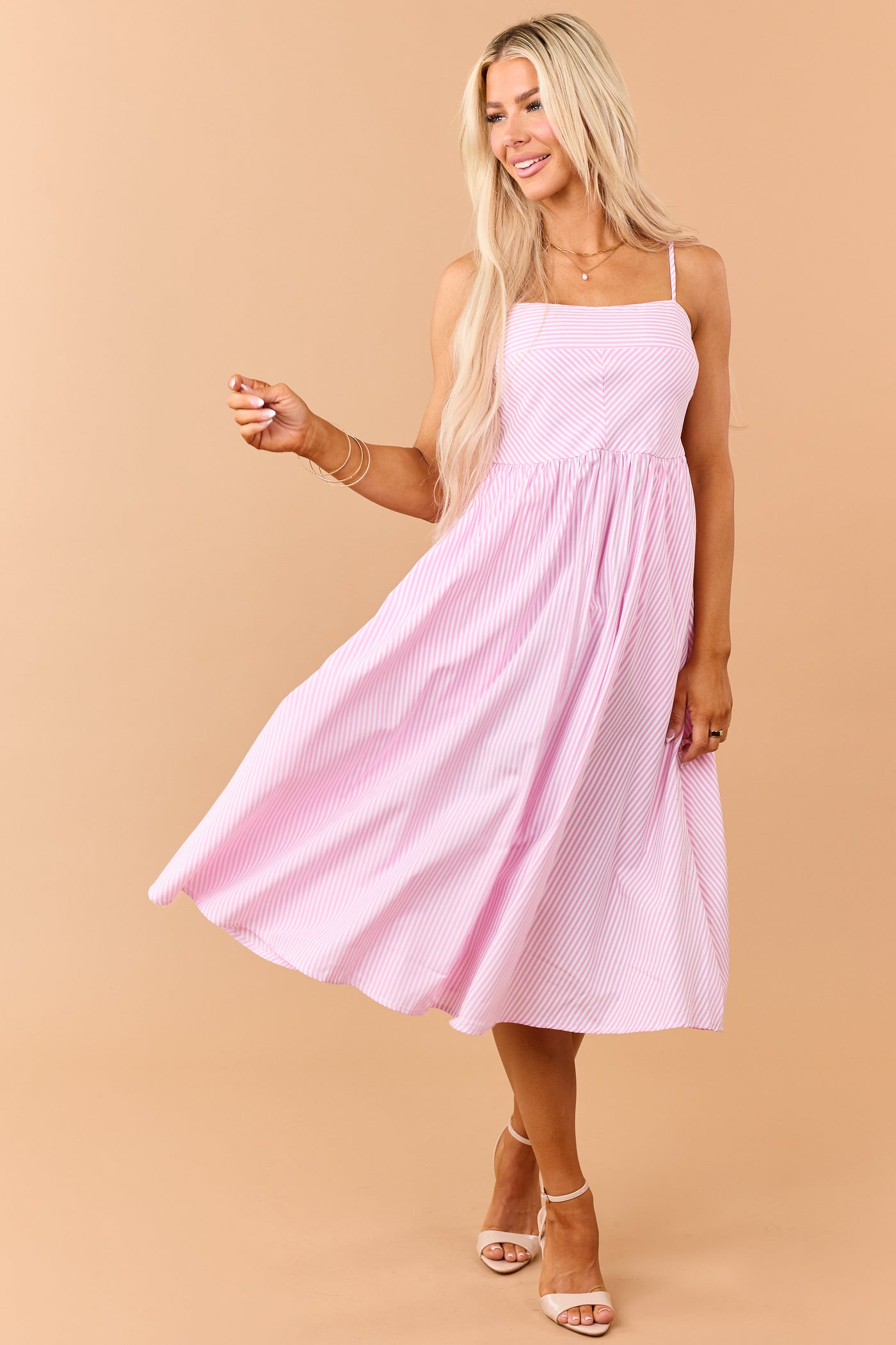 Baby Pink Striped Smocked Back Sleeveless Midi Dress