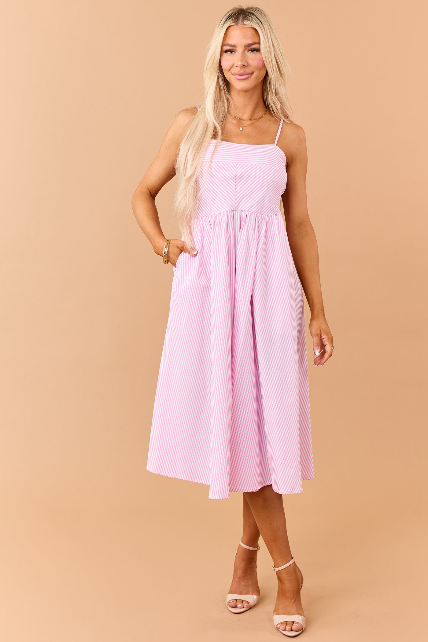 Baby Pink Striped Smocked Back Sleeveless Midi Dress
