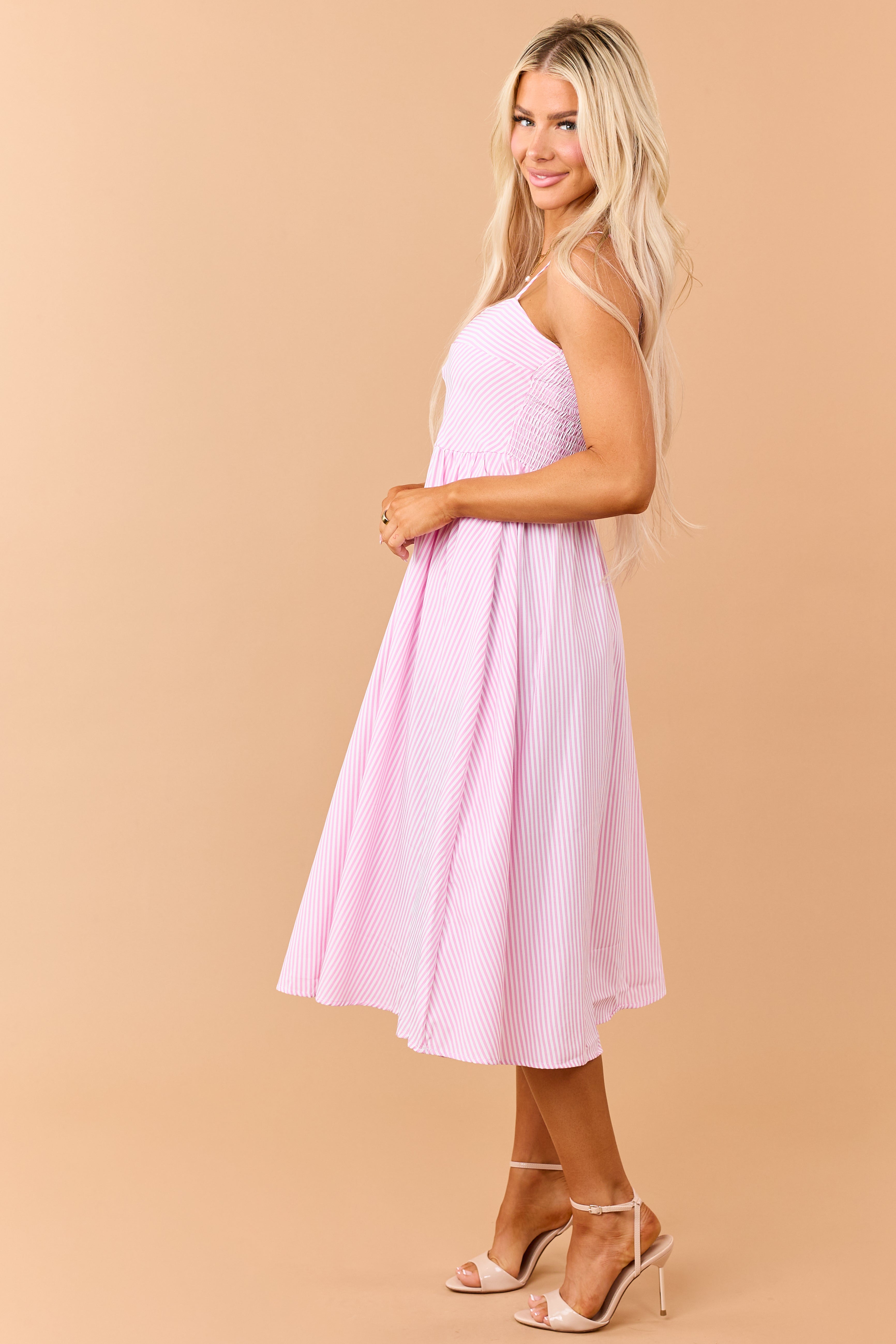 Baby Pink Striped Smocked Back Sleeveless Midi Dress