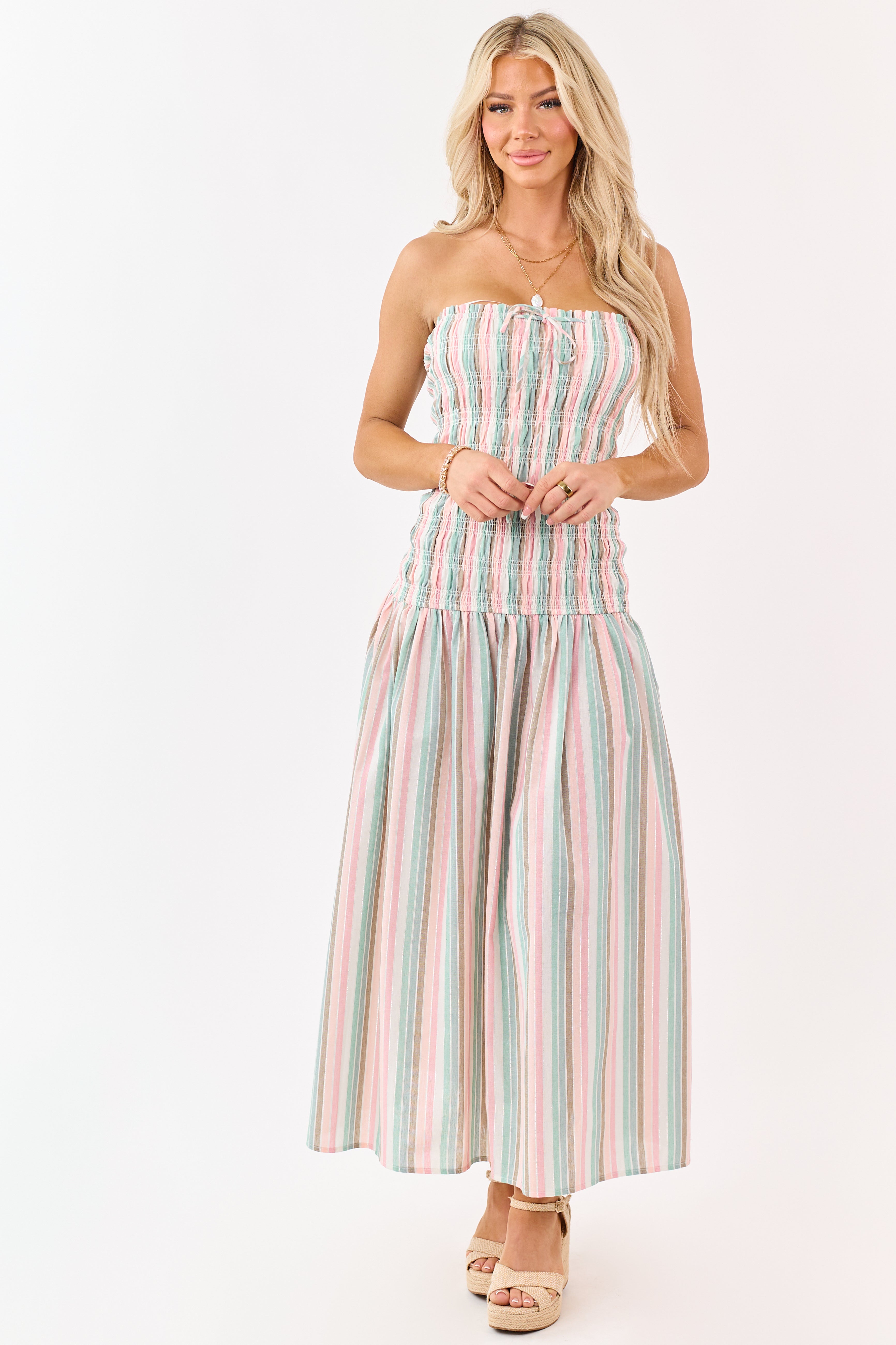 Baby Pink Striped Smocked Strapless Maxi Dress Baby Pink Striped Smocked Strapless Maxi Dress
