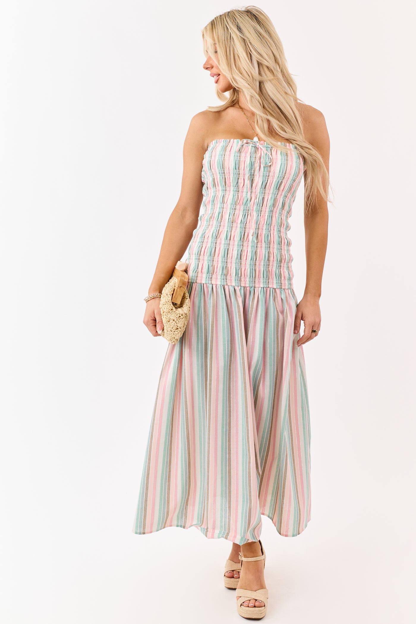 Baby Pink Striped Smocked Strapless Maxi Dress Baby Pink Striped Smocked Strapless Maxi Dress