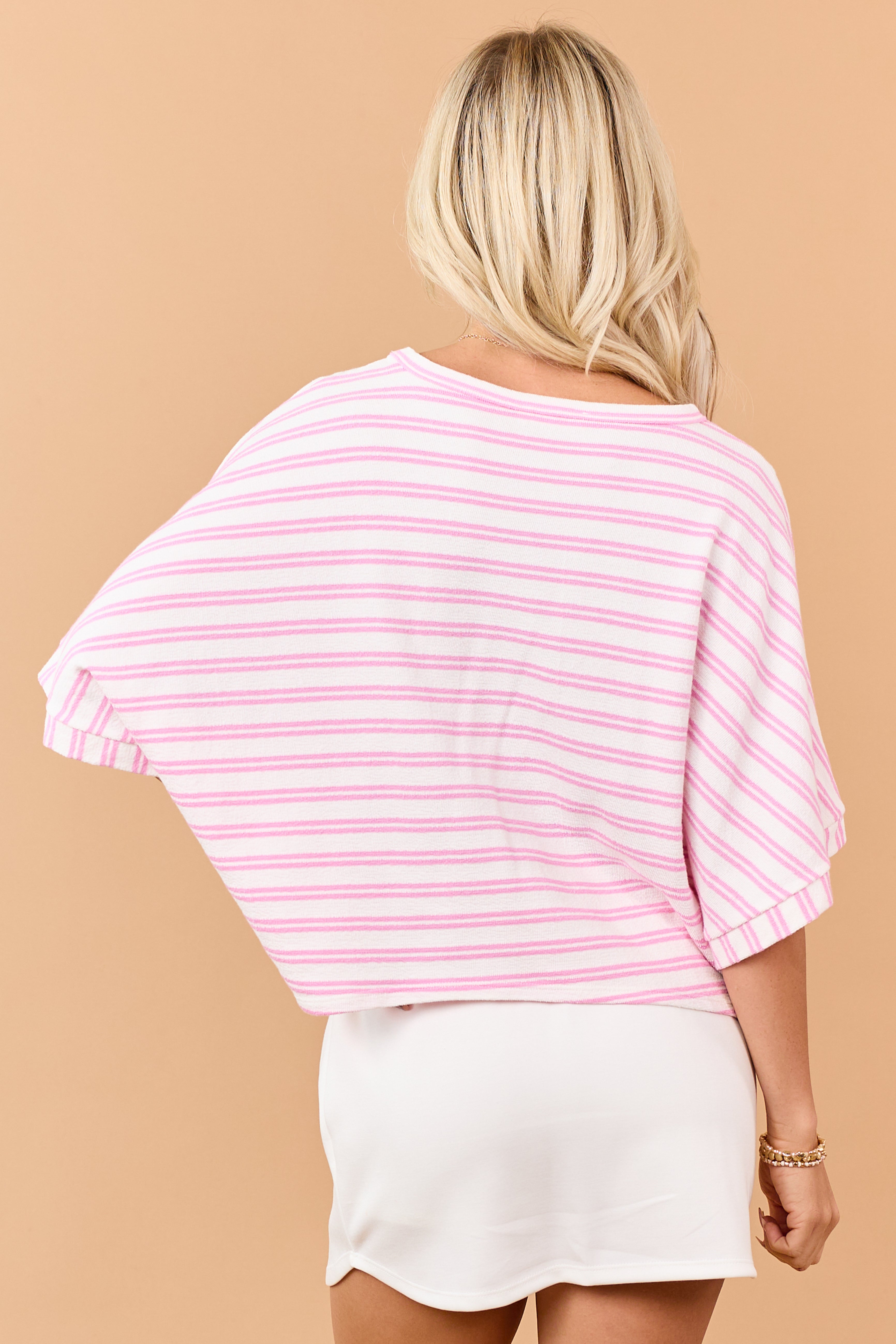 Baby Pink Striped Terry Cloth Half Sleeve Top