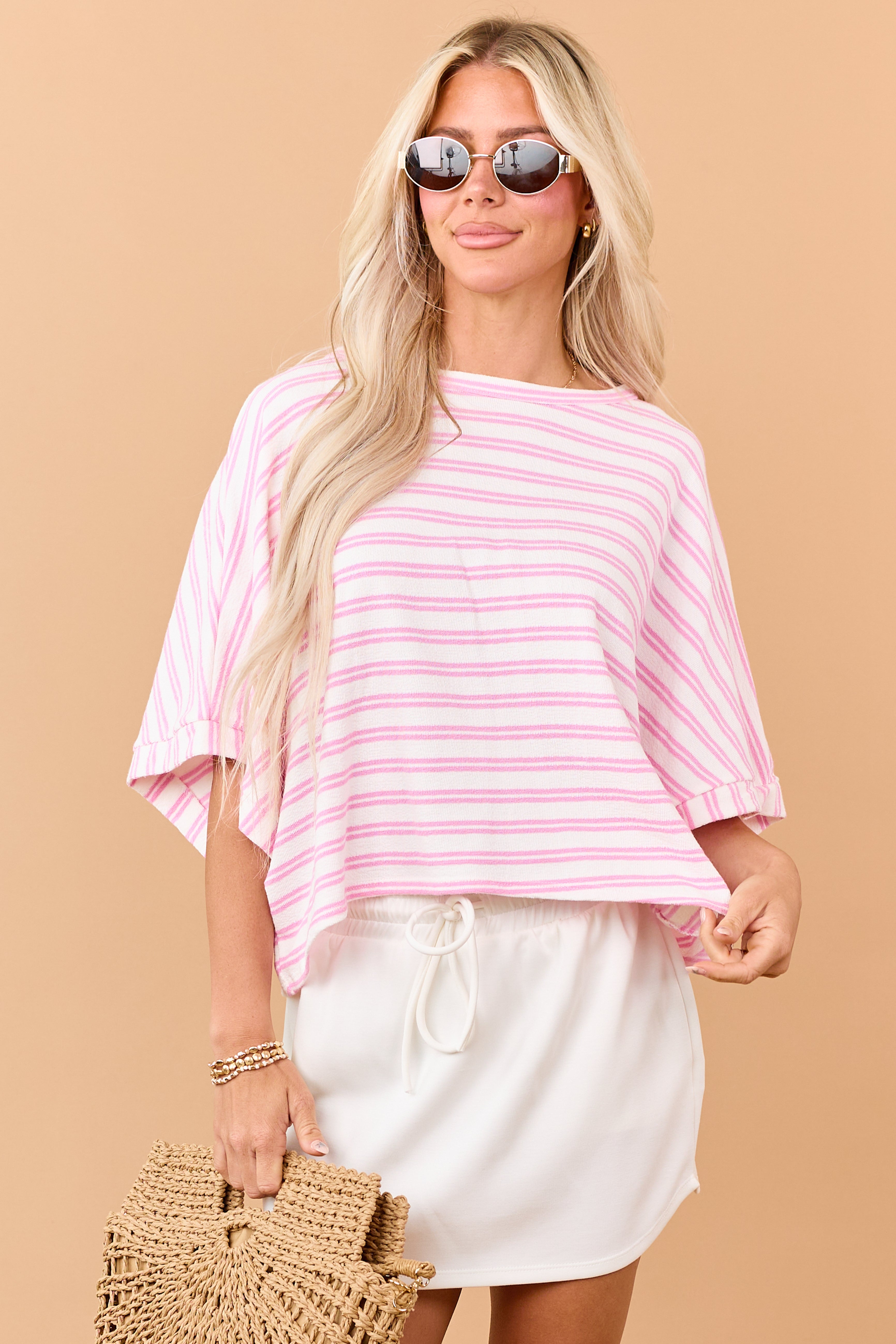 Baby Pink Striped Terry Cloth Half Sleeve Top