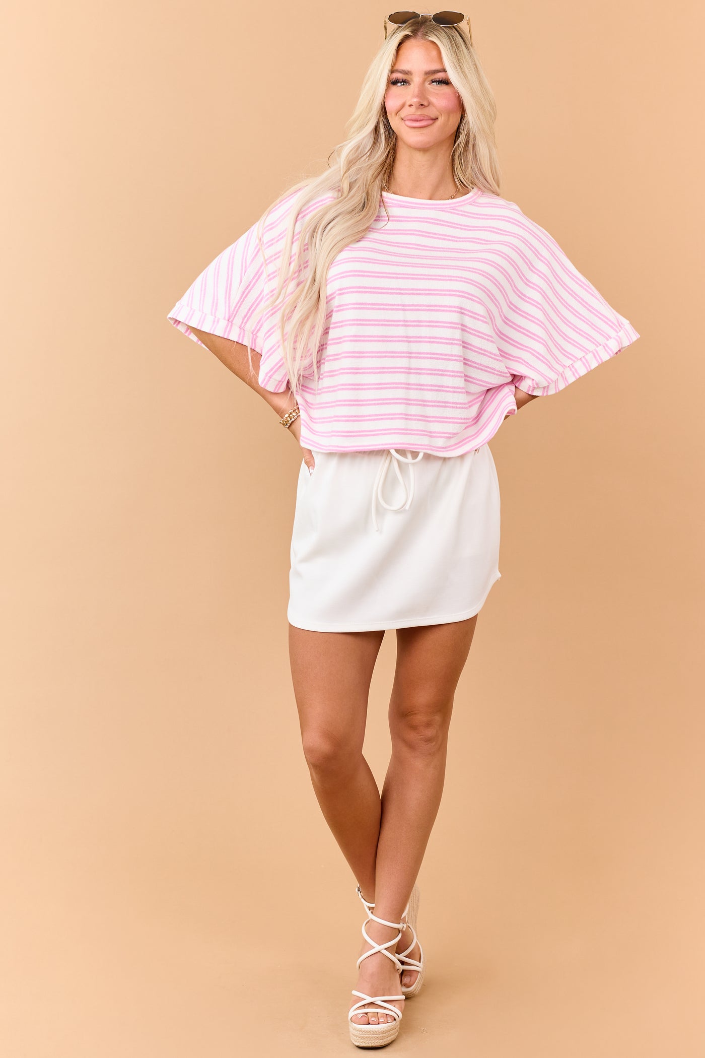 Baby Pink Striped Terry Cloth Half Sleeve Top