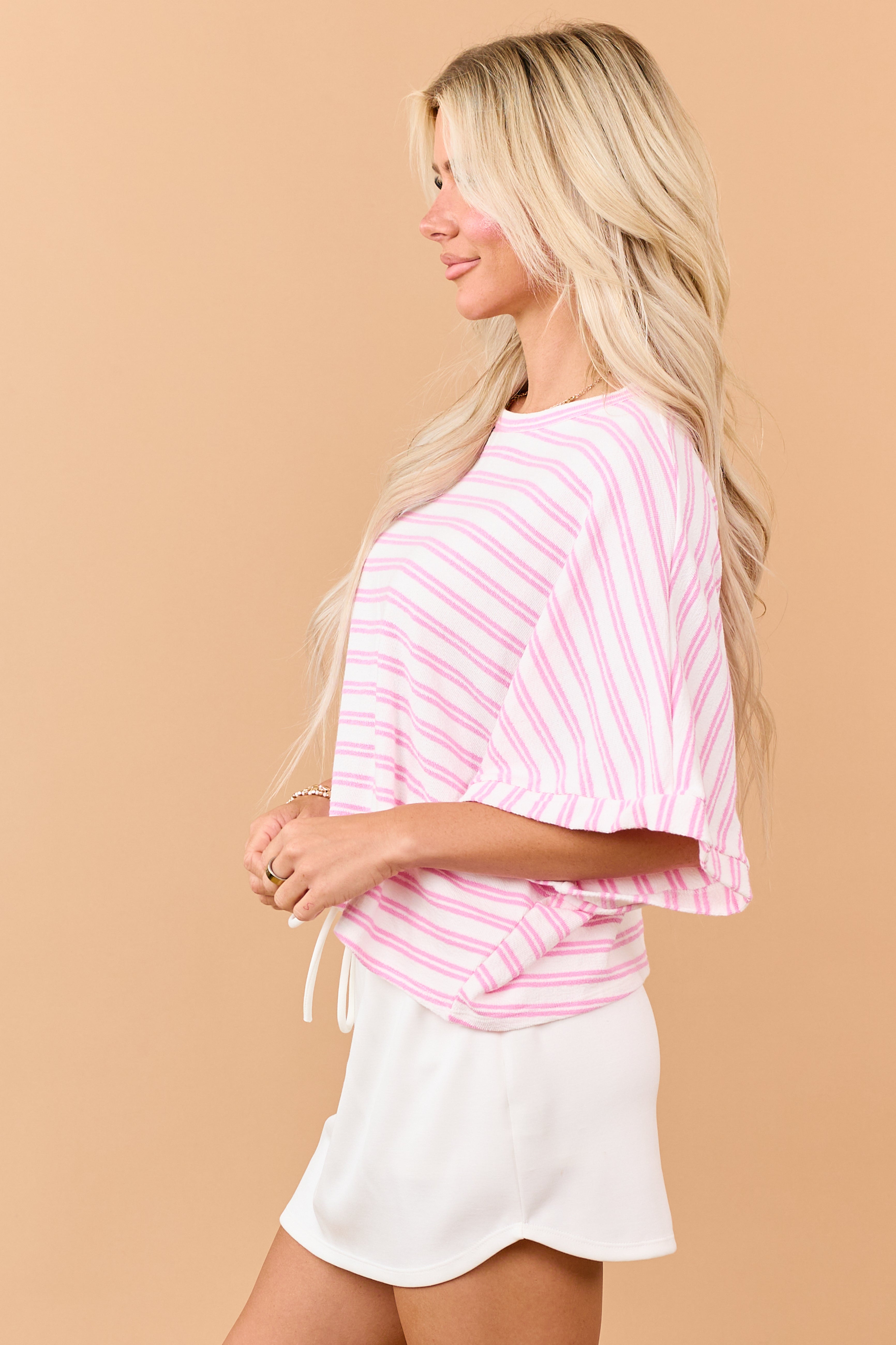 Baby Pink Striped Terry Cloth Half Sleeve Top