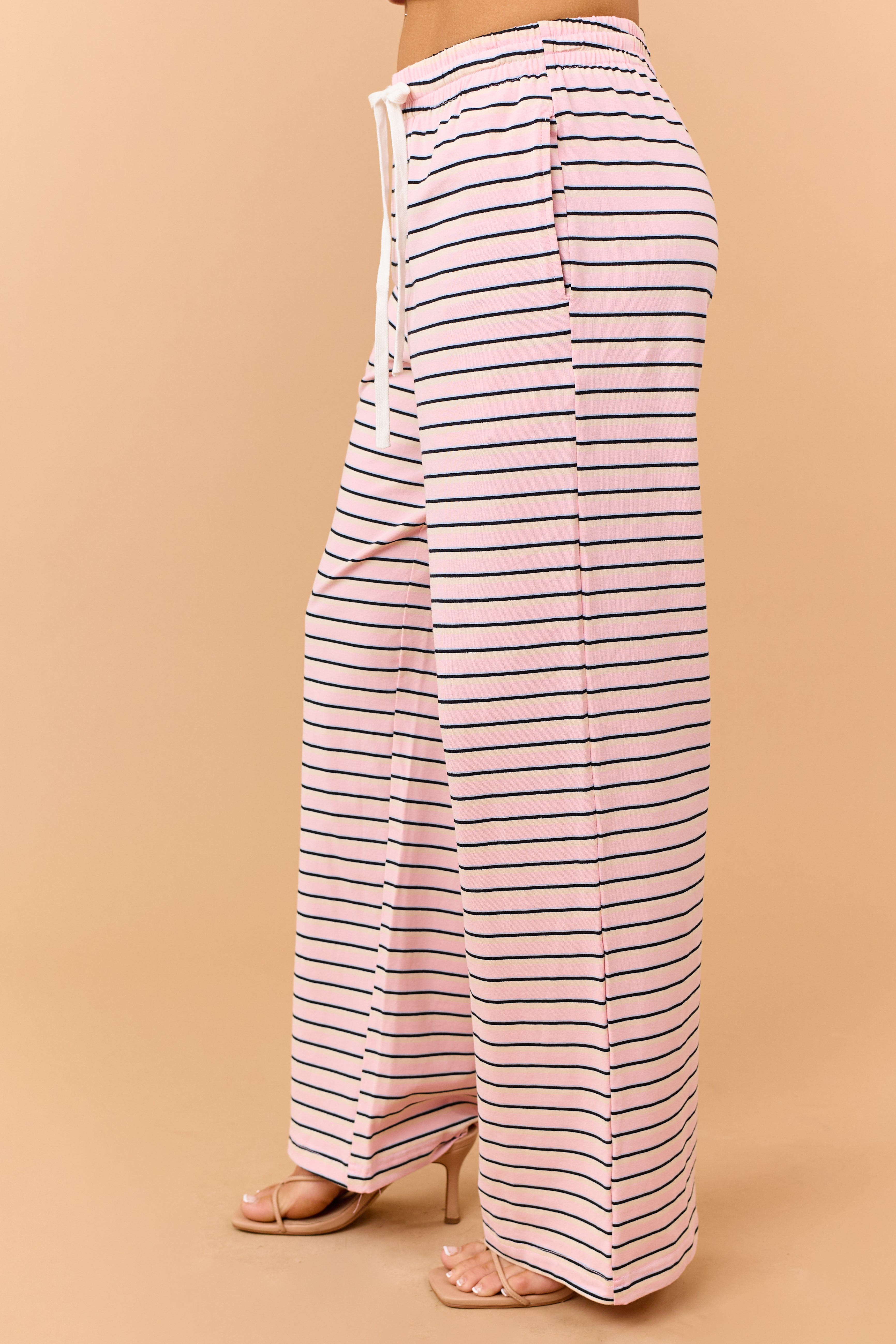 Baby Pink Striped Wide Leg Knit Pants