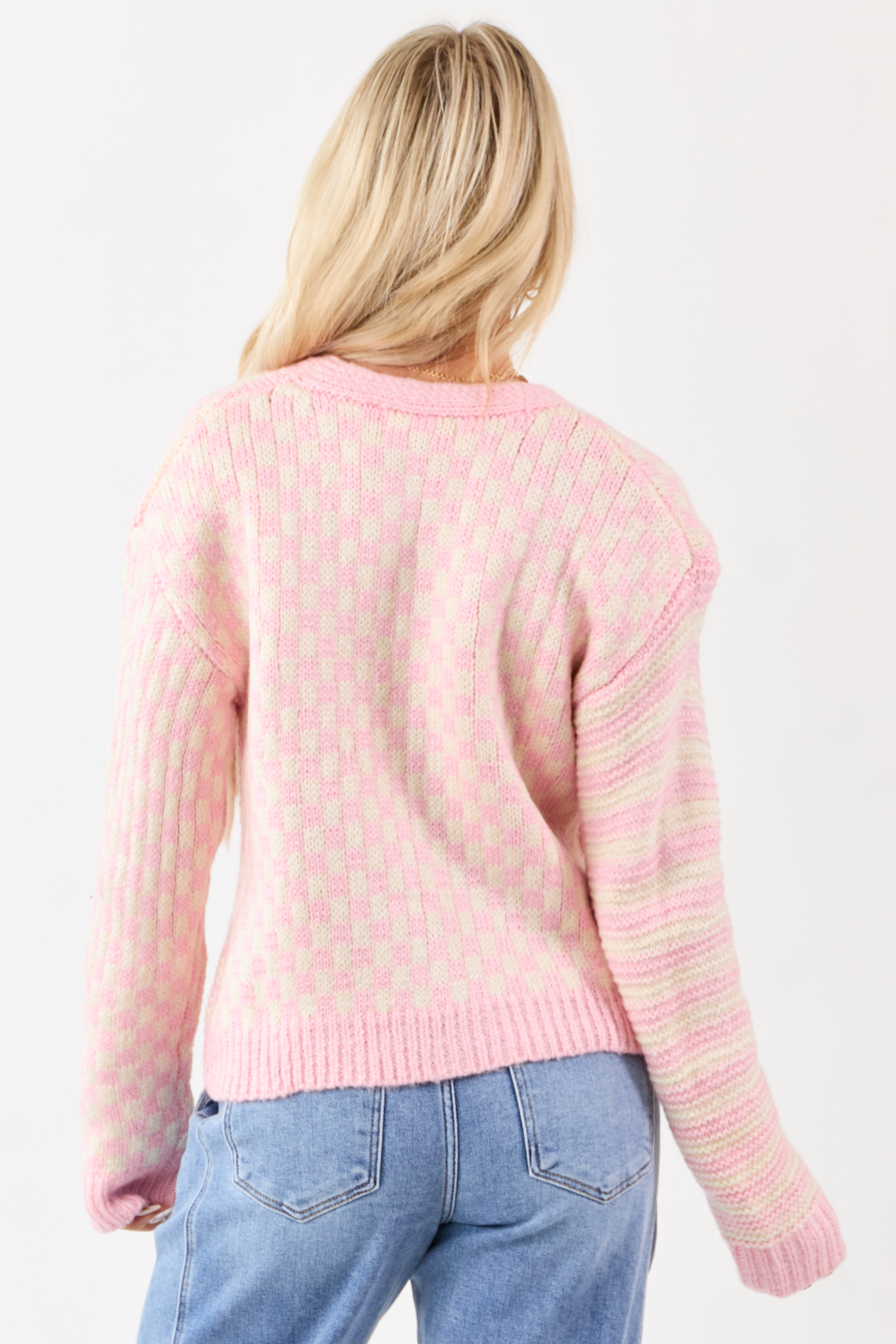 Baby Pink Striped and Checkered Cardigan
