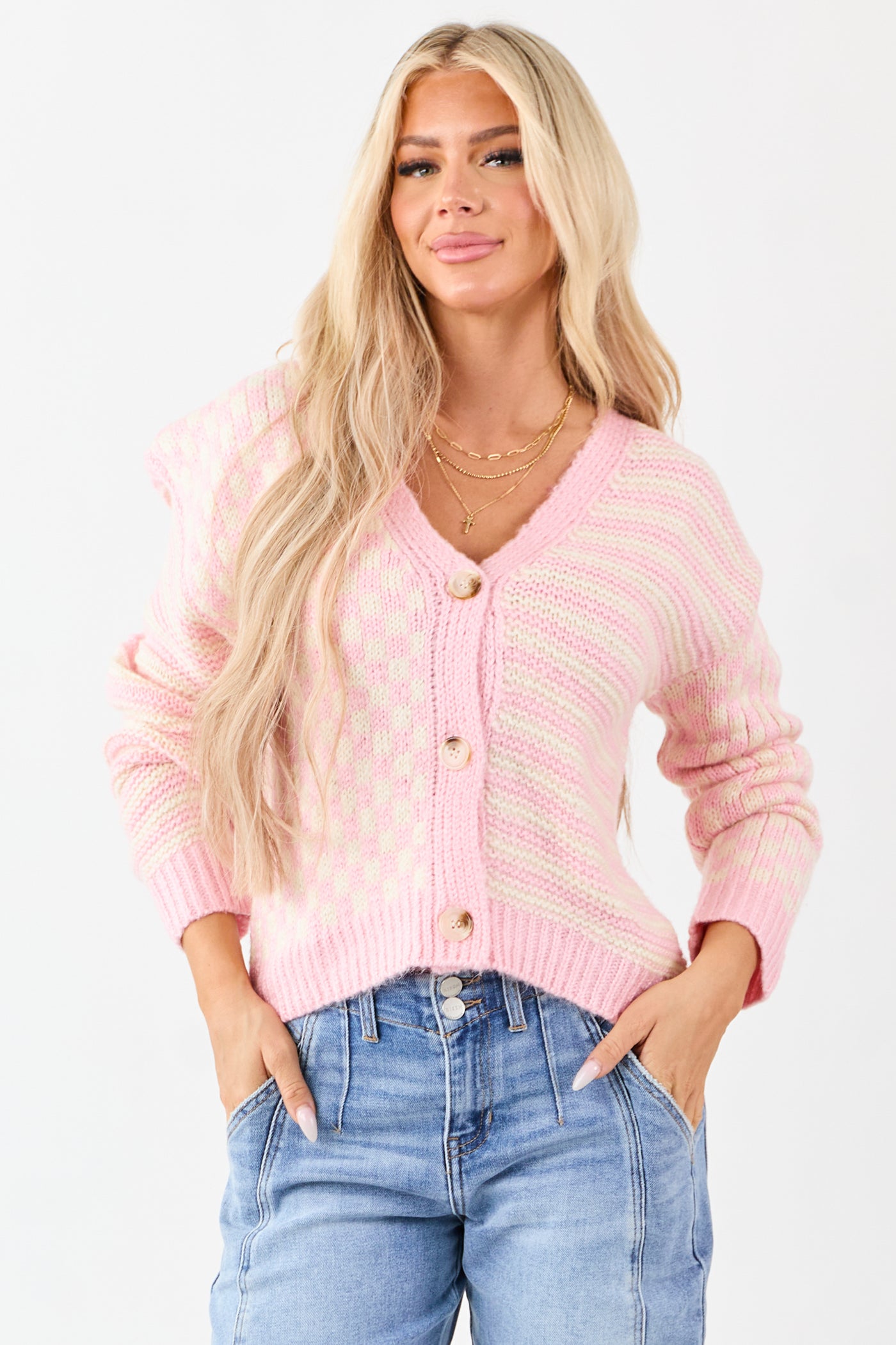 Baby Pink Striped and Checkered Cardigan