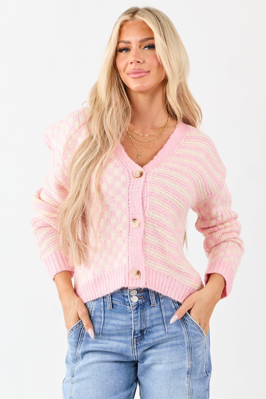 Baby Pink Striped and Checkered Cardigan