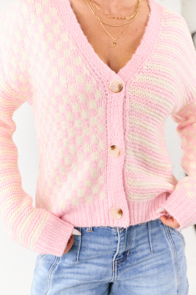Baby Pink Striped and Checkered Cardigan