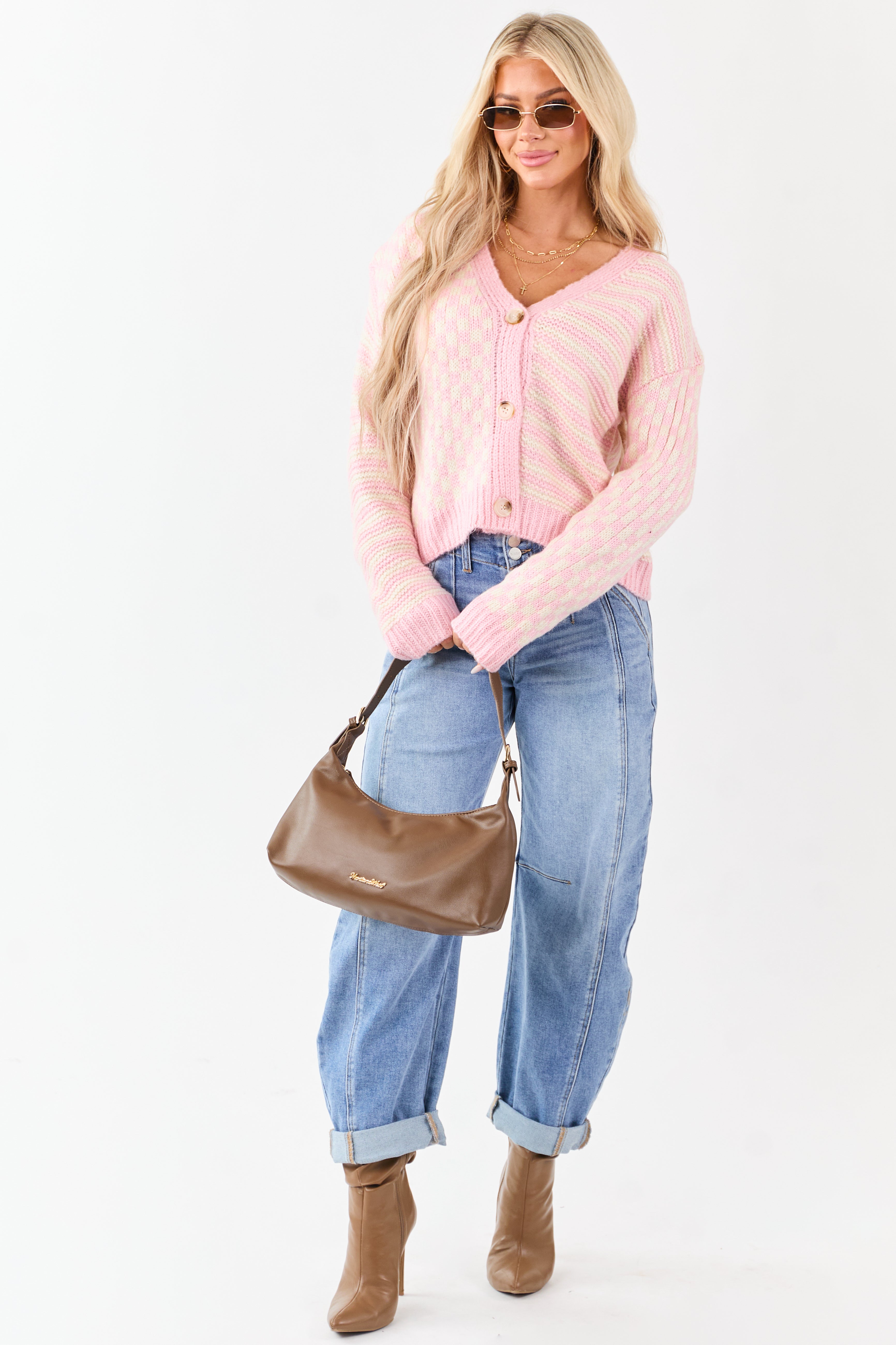 Baby Pink Striped and Checkered Cardigan