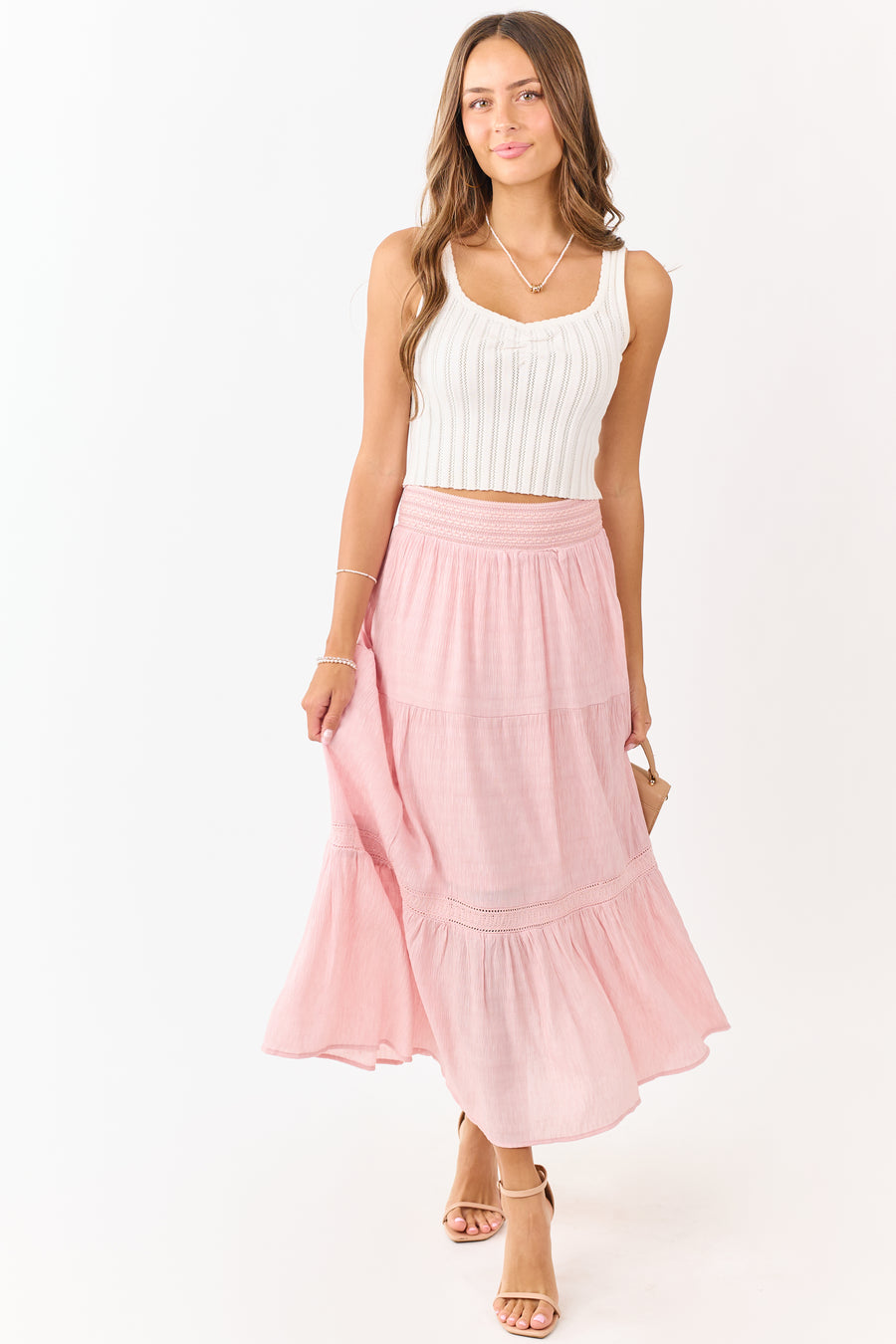 Baby Pink Tiered Smocked Waistband Midi Skirt