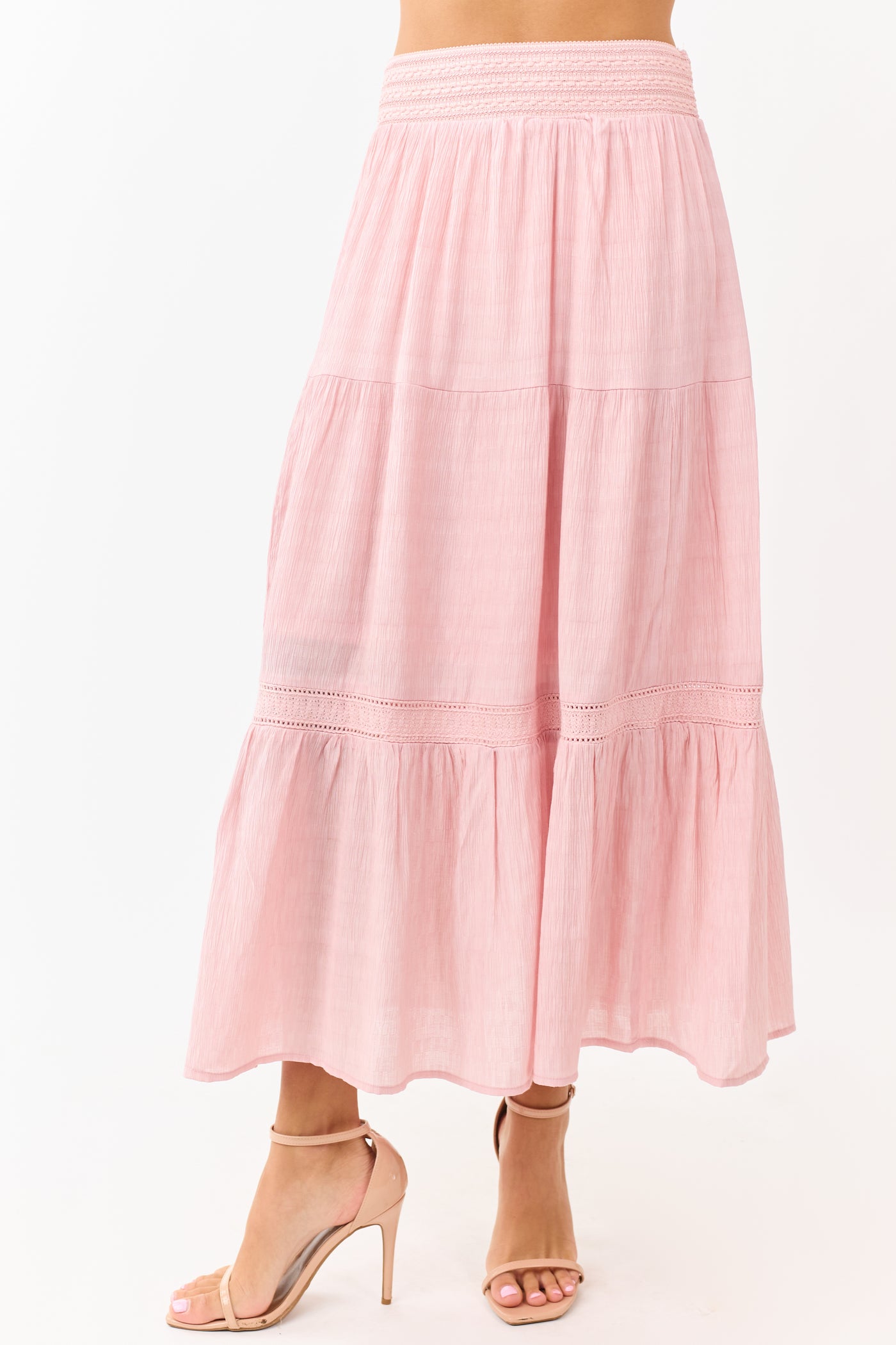 Baby Pink Tiered Smocked Waistband Midi Skirt