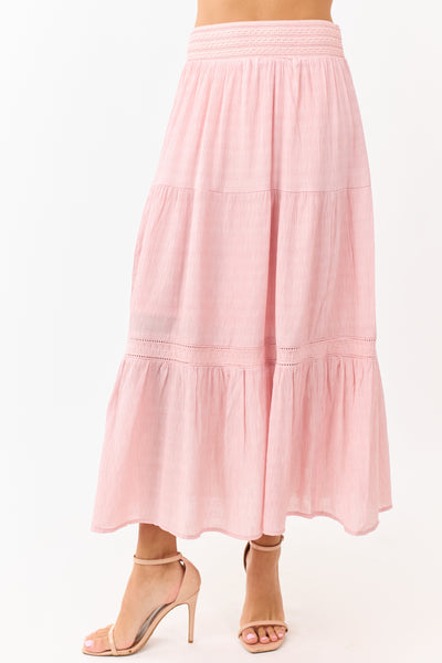 Baby Pink Tiered Smocked Waistband Midi Skirt