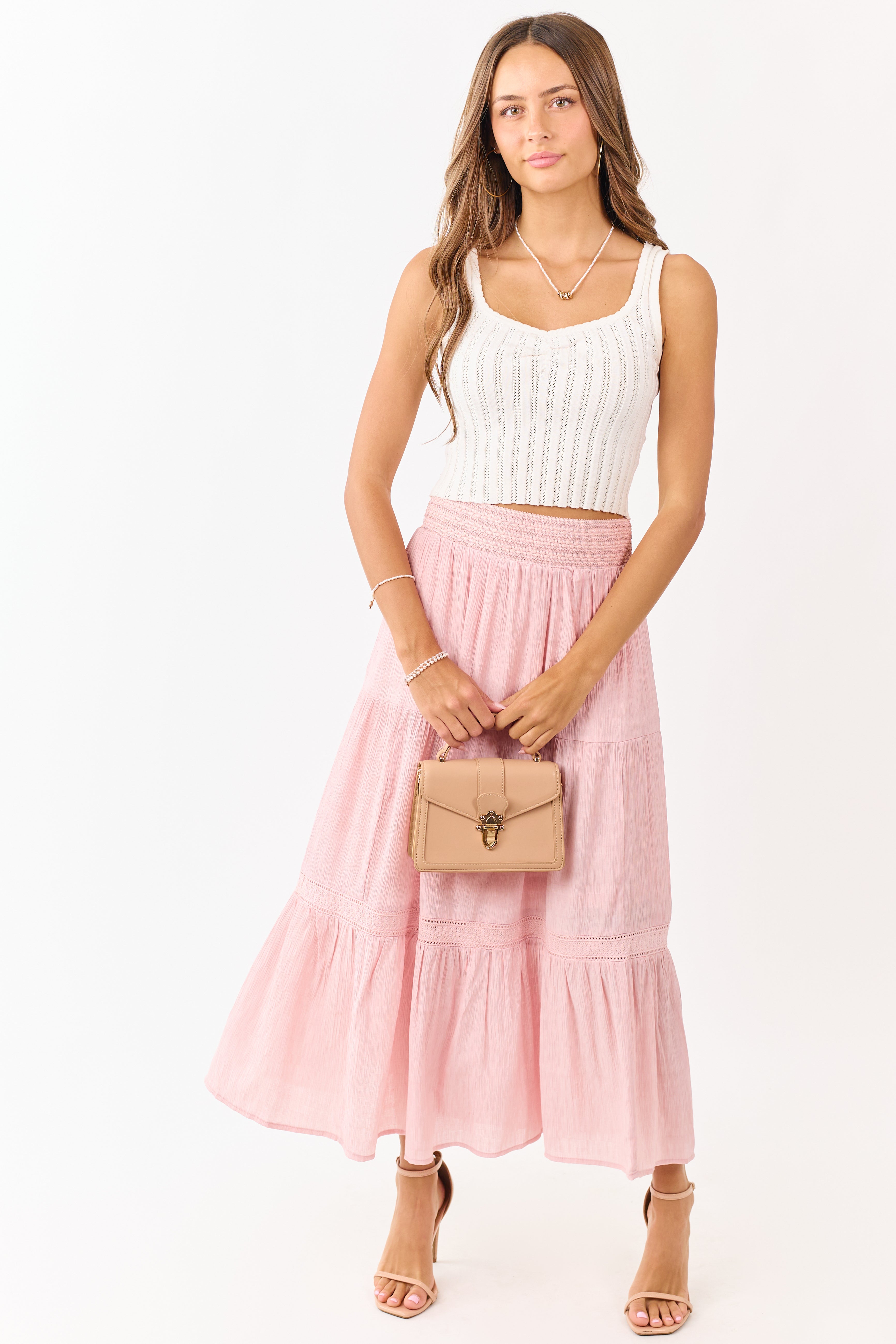 Baby Pink Tiered Smocked Waistband Midi Skirt | Lime Lush Boutique