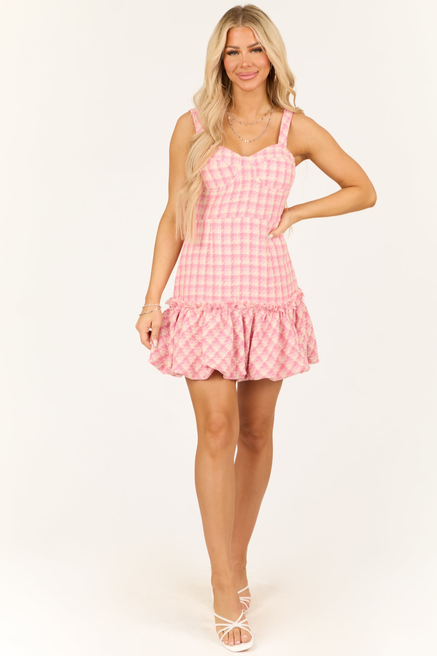 Baby Pink Tweed Plaid Bubble Hem Mini Dress Baby Pink Tweed Plaid Bubble Hem Mini Dress