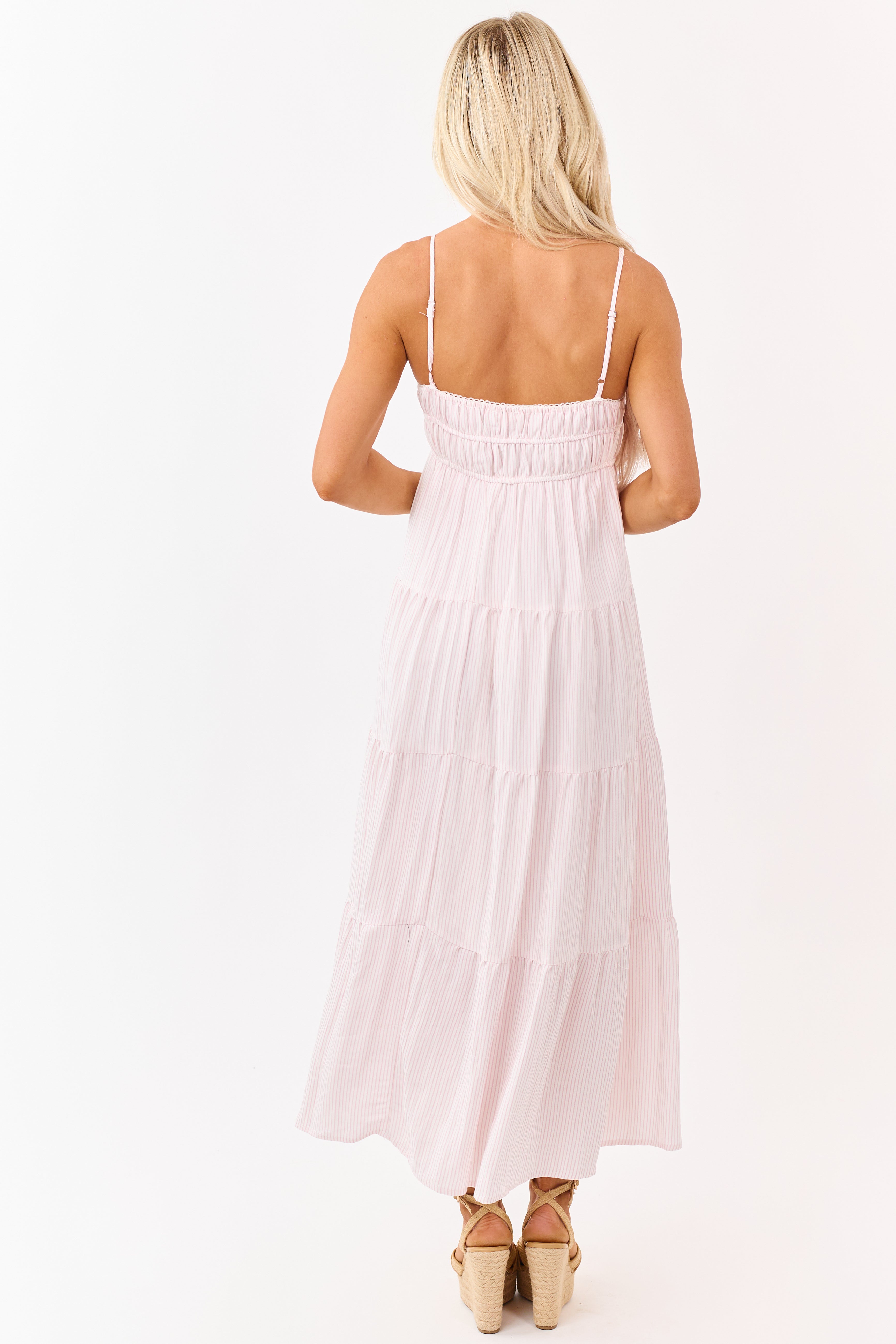 Baby Pink and Ivory Striped Babydoll Tiered Midi Dress