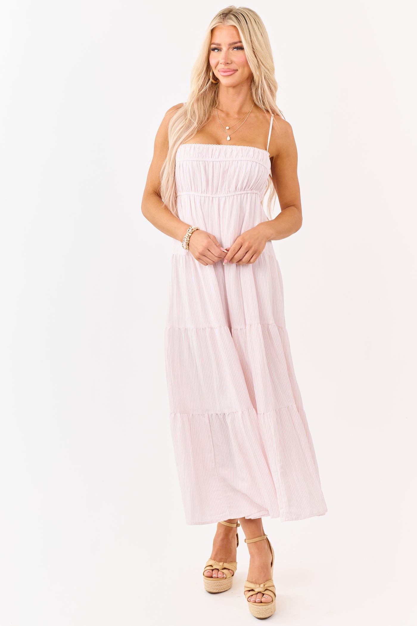 Baby Pink and Ivory Striped Babydoll Tiered Midi Dress