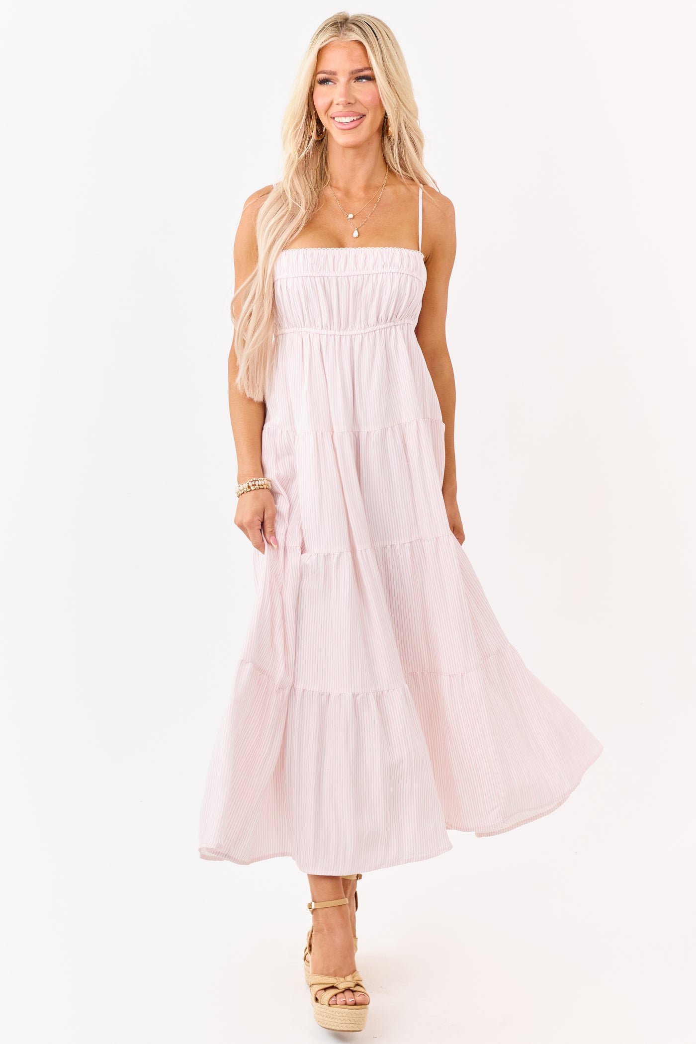 Baby Pink and Ivory Striped Babydoll Tiered Midi Dress