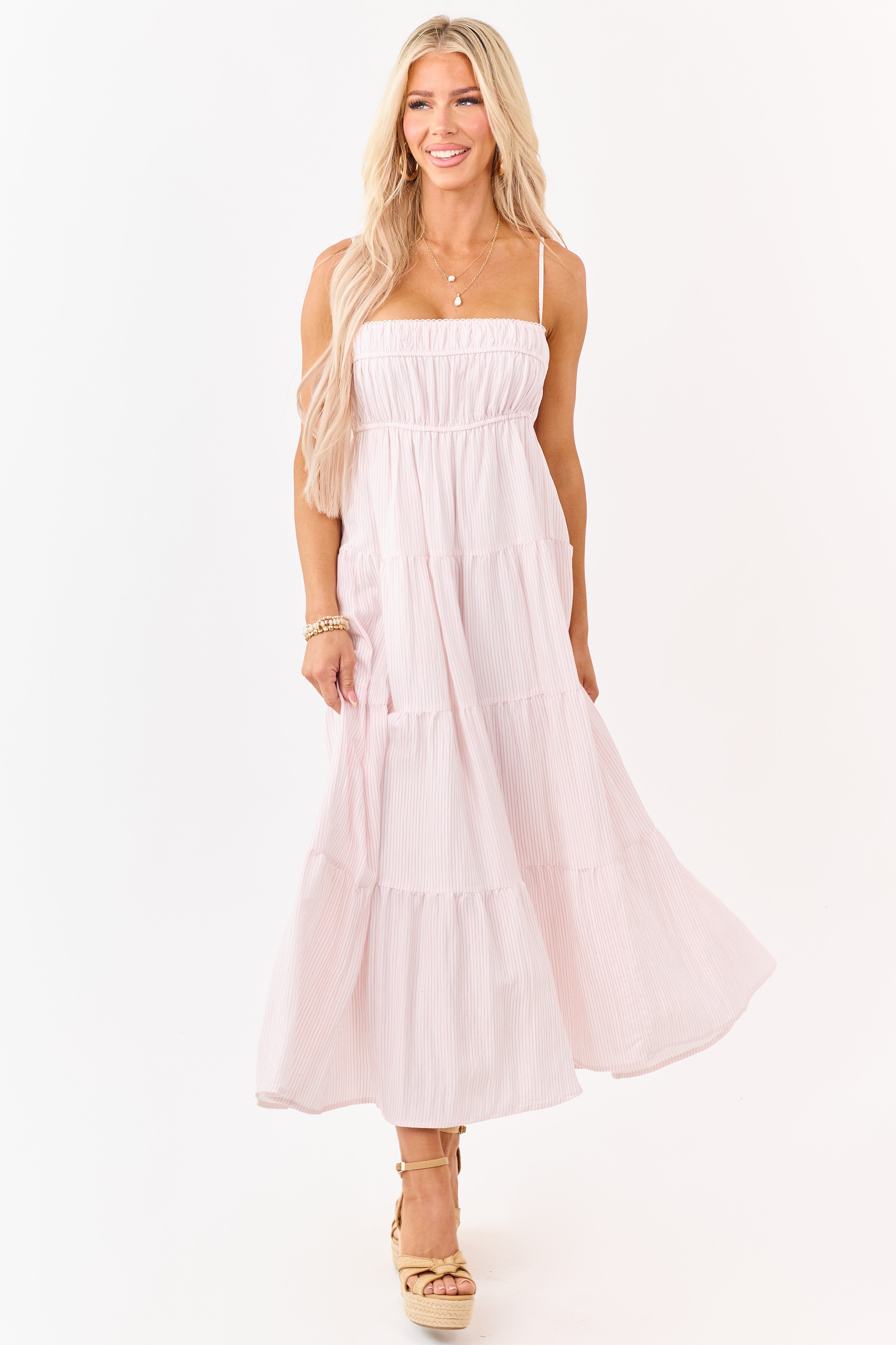 Baby Pink and Ivory Striped Babydoll Tiered Midi Dress