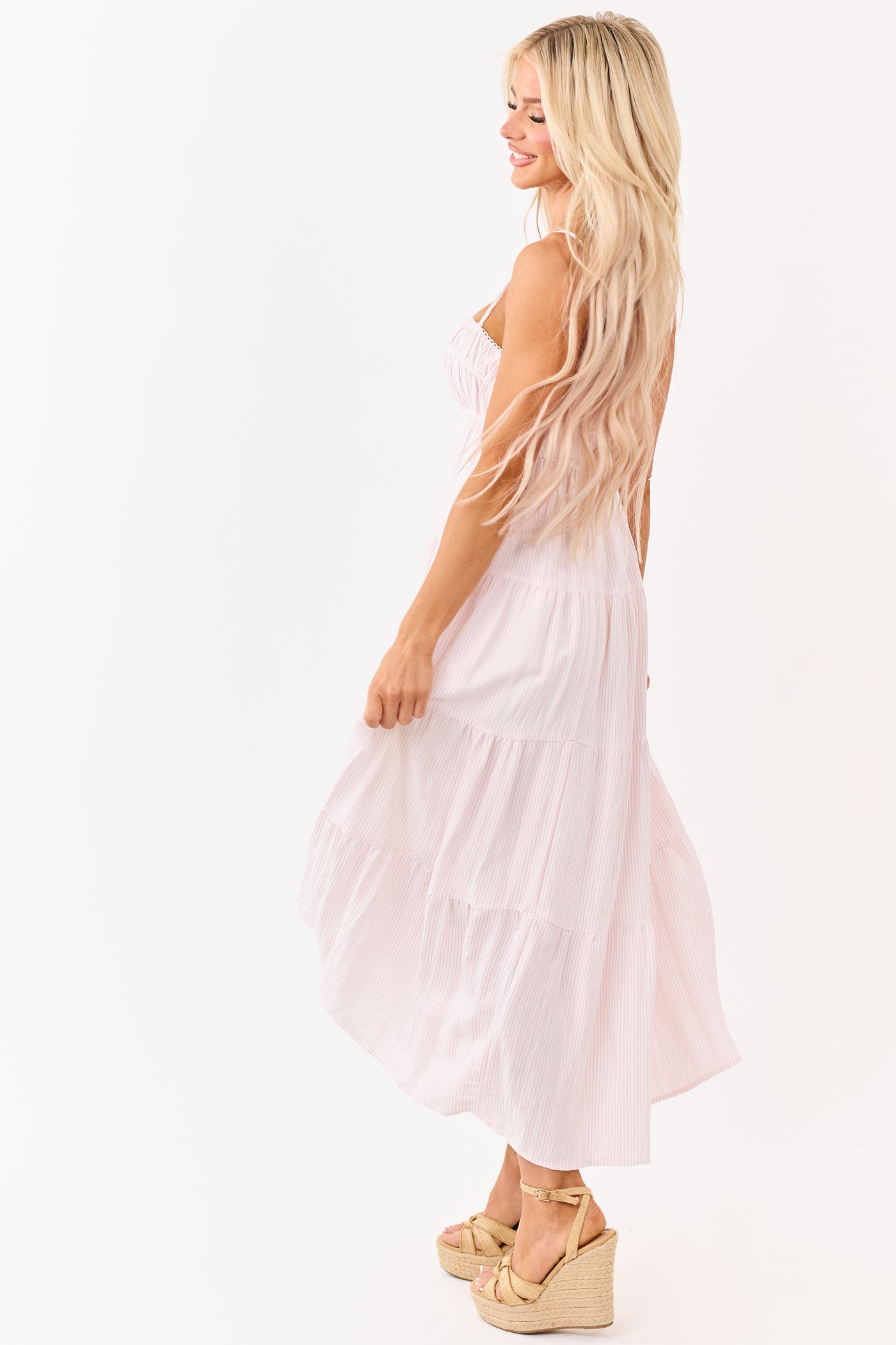 Baby Pink and Ivory Striped Babydoll Tiered Midi Dress