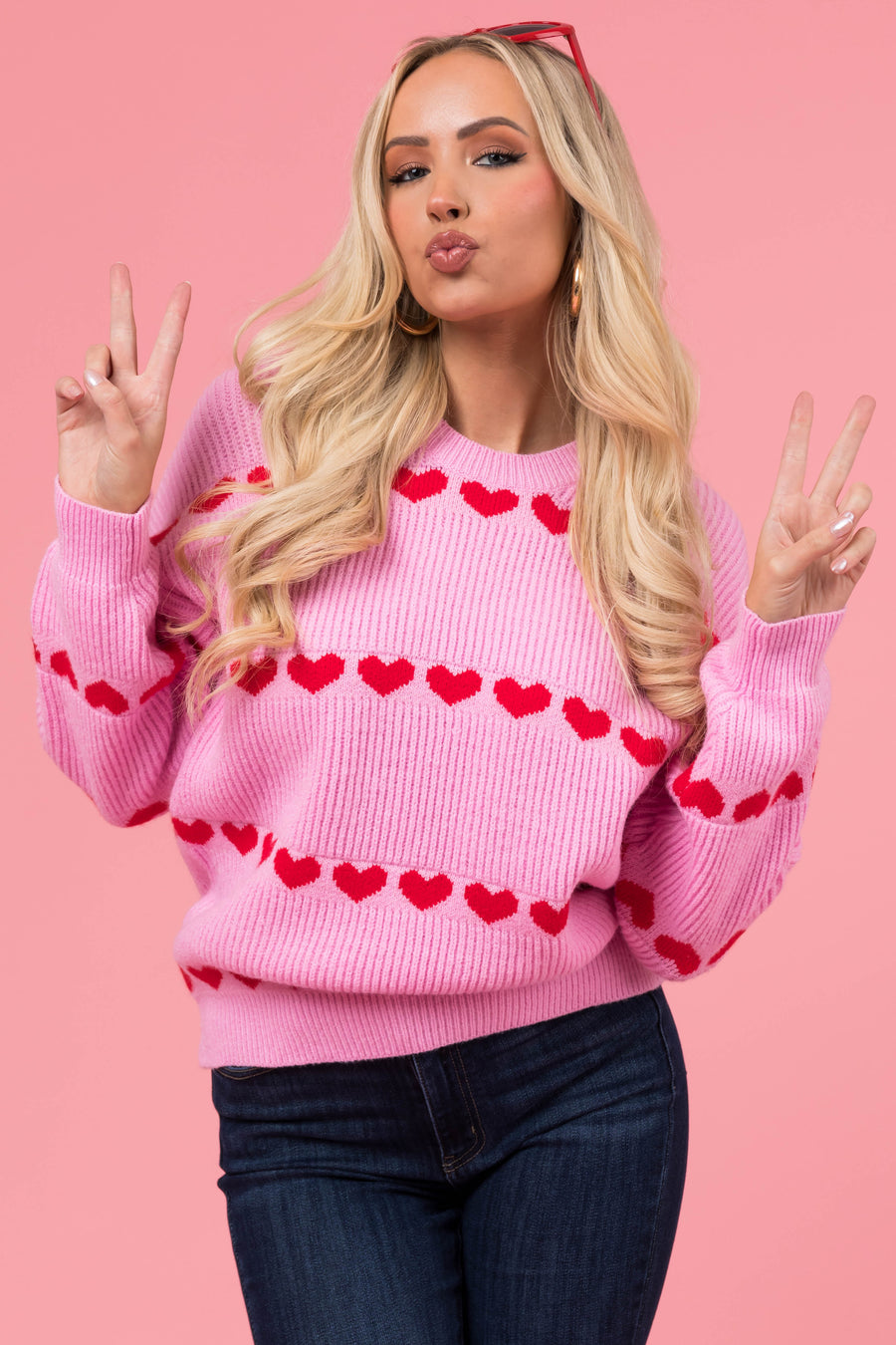 Baby Pink and Red Heart Stripe Sweater