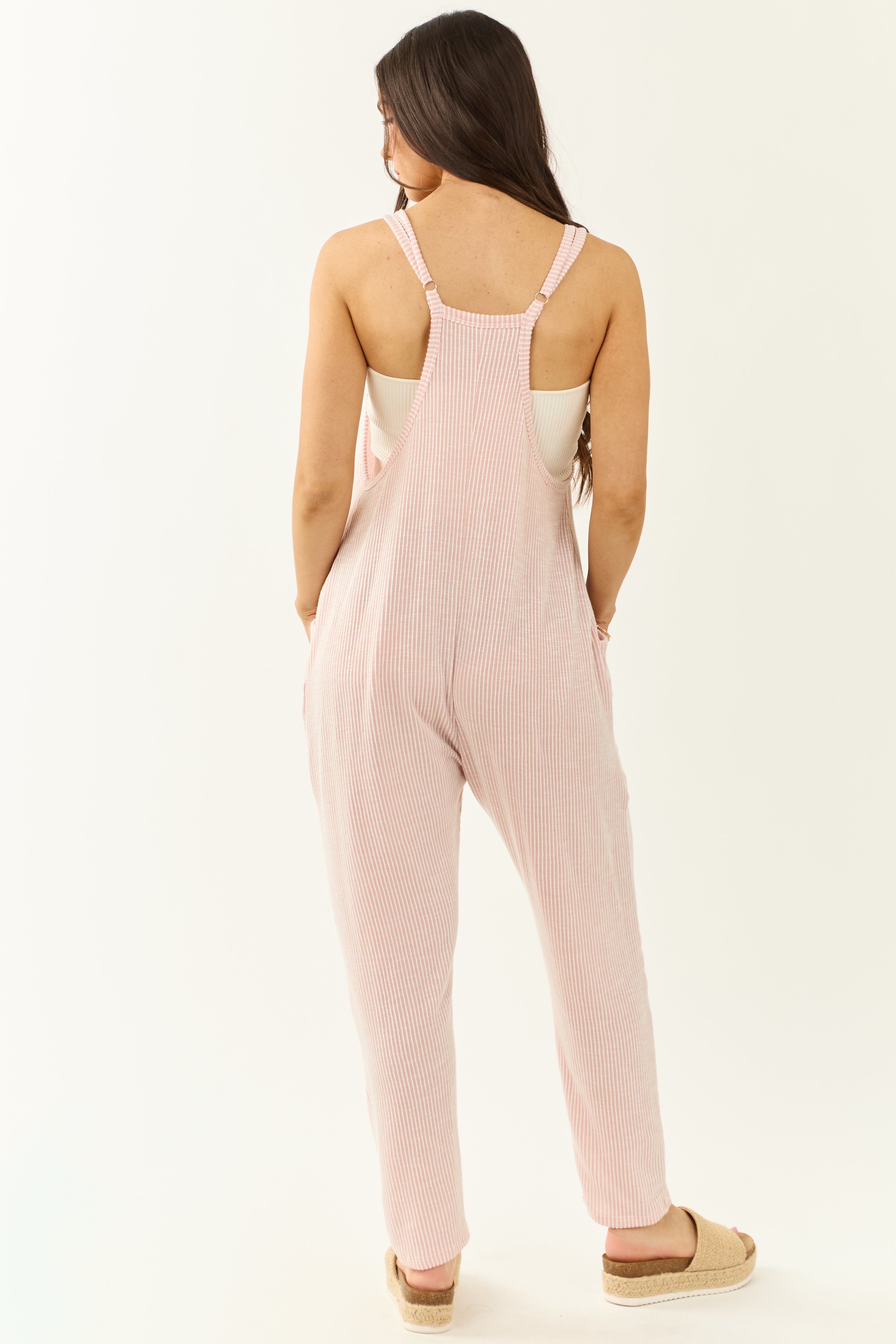 Baby Pink and White Striped Relaxed Knit Jumpsuit