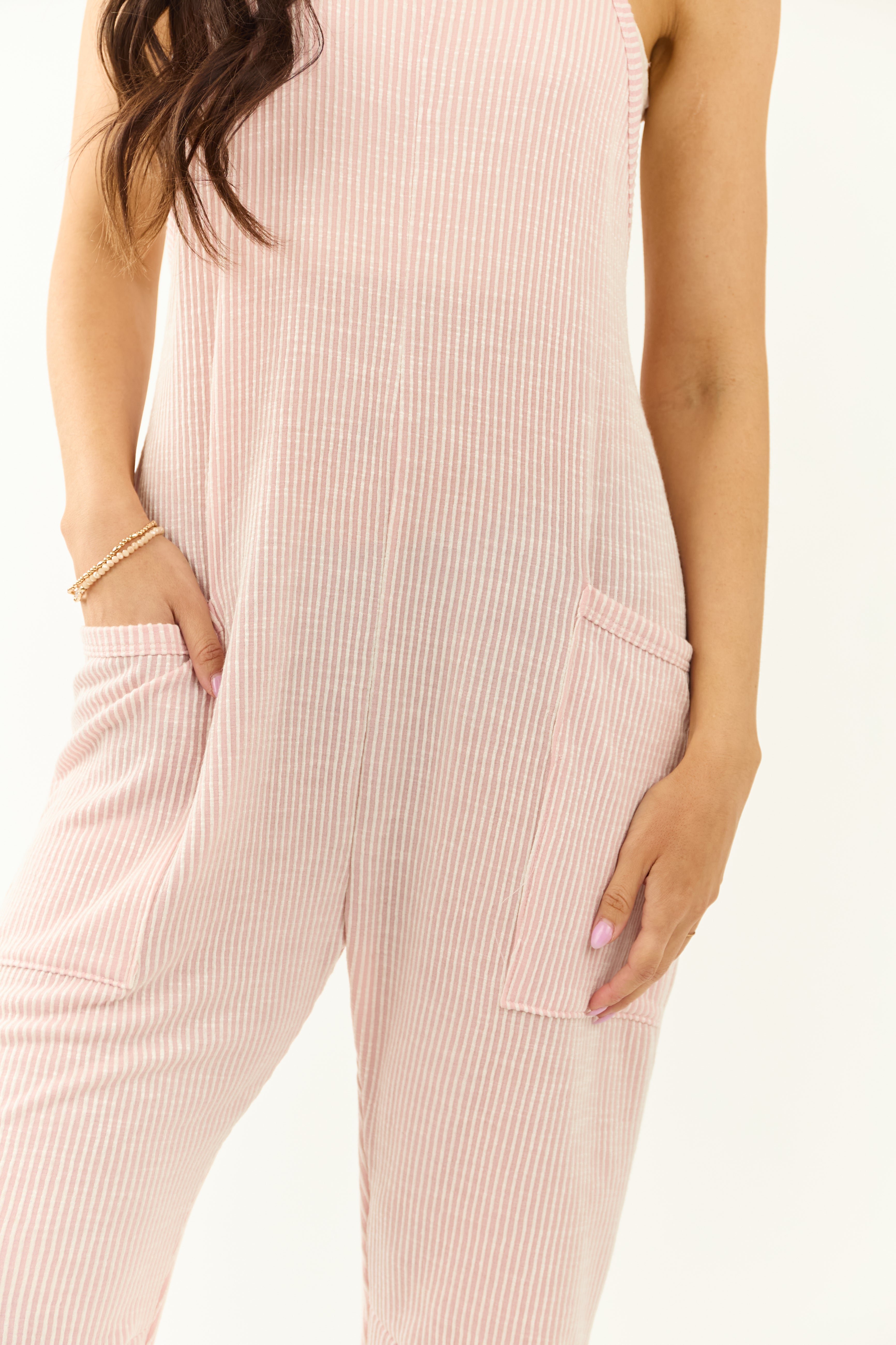 Baby Pink and White Striped Relaxed Knit Jumpsuit